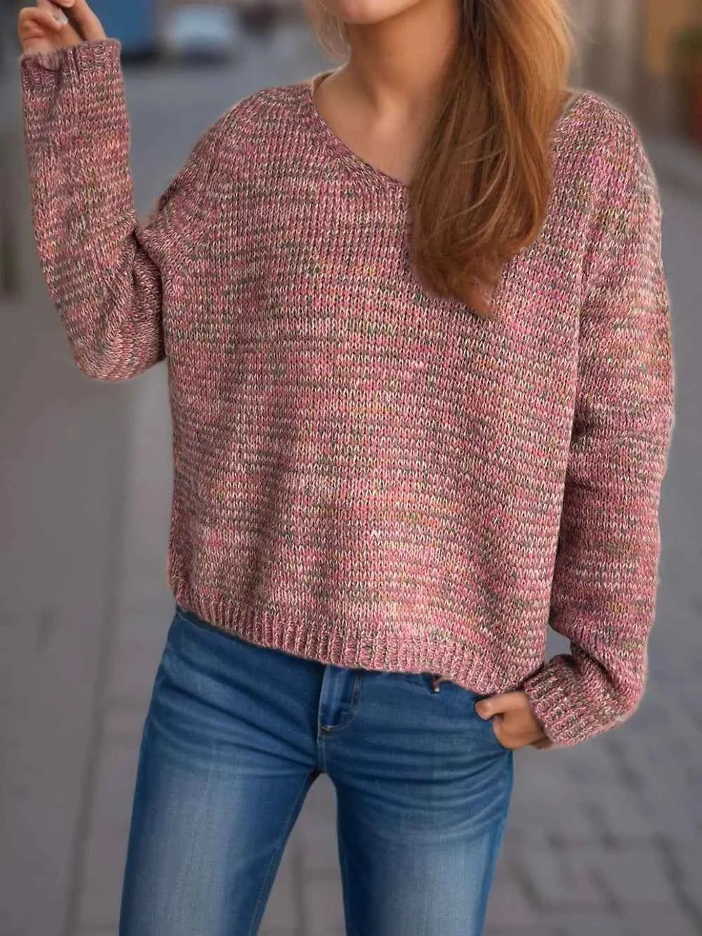 Heathered V-Neck Long Sleeve Sweater e5c6c6e4-d6cd-4292-9b44-4d14aaefd8bc-Max