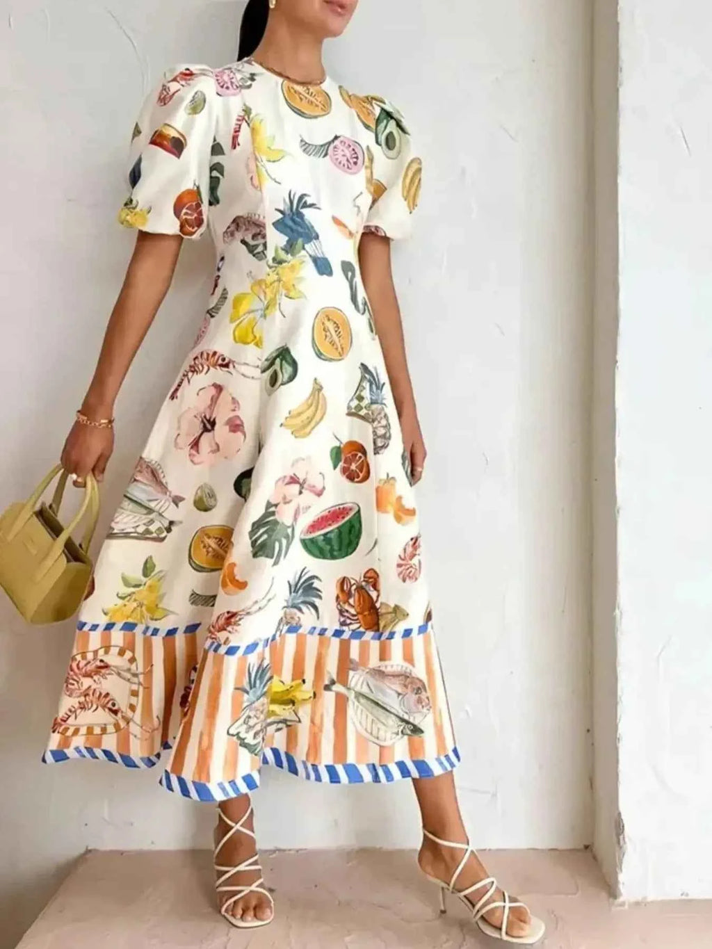 Printed Round Neck Puff Sleeve Dress White e5c70a1e-fdae-474d-9796-faf832890959-Max-Origin