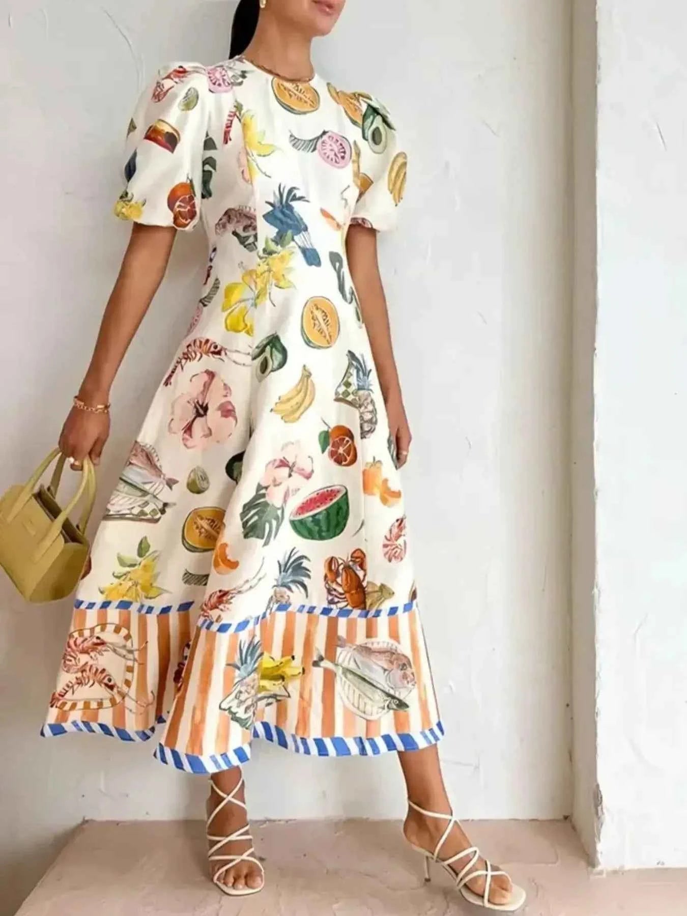 Printed Round Neck Puff Sleeve Dress White e5c70a1e-fdae-474d-9796-faf832890959-Max-Origin