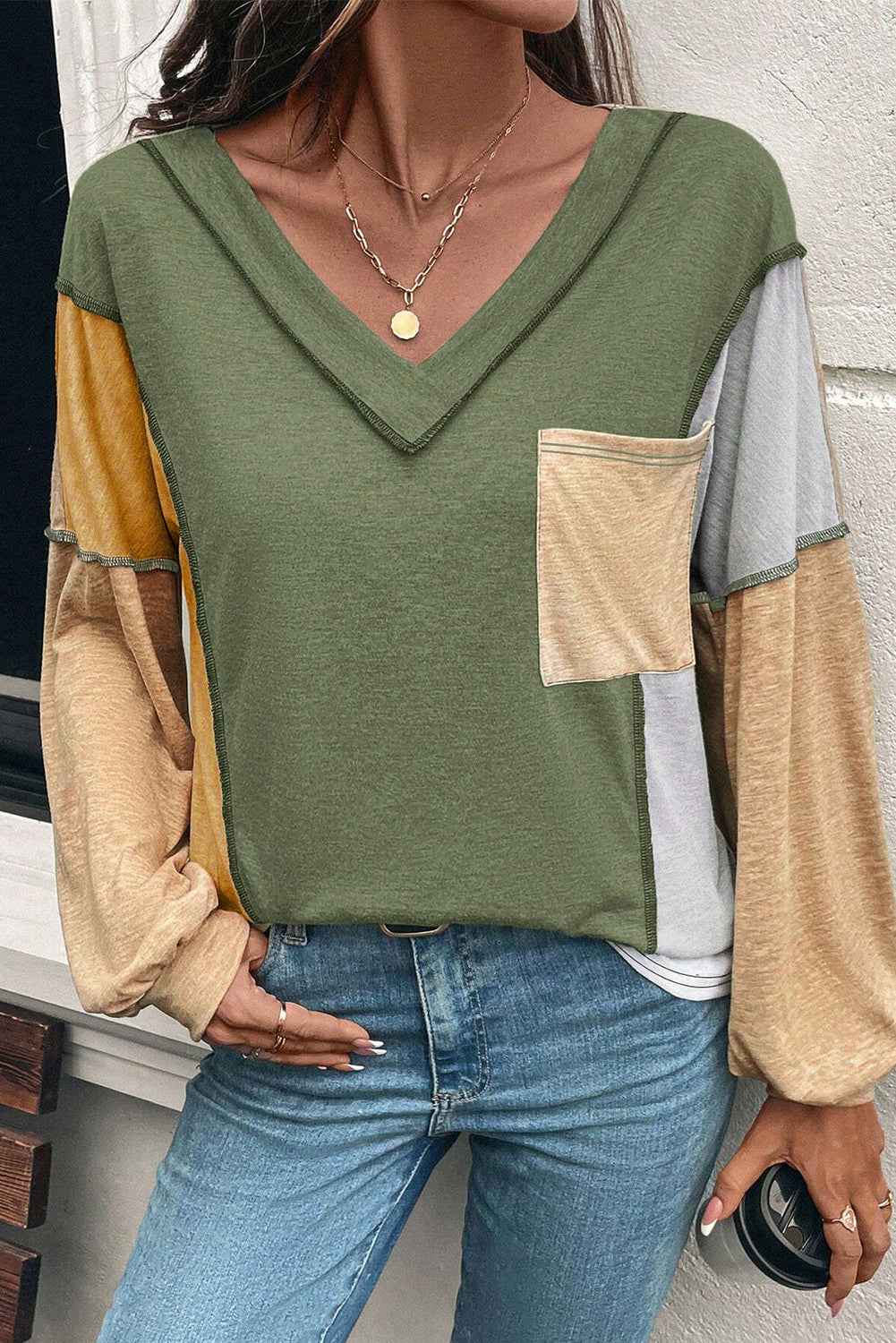 Sail Blue Exposed Stitching Colorblock V Neck Long Sleeve Top e5c8333b6b44caed