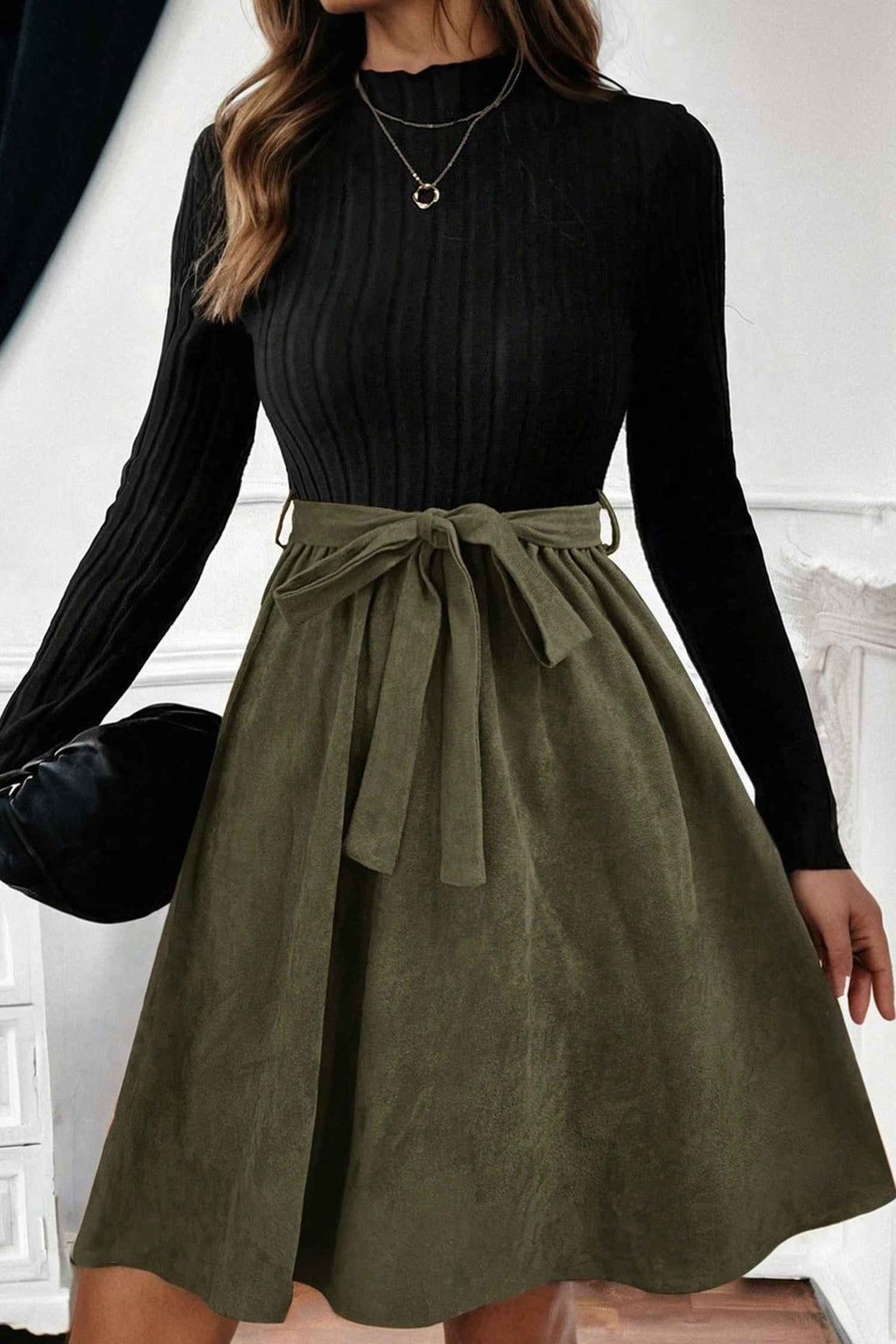 Black Ribbed Knit Slim Bodice Contrast Flared Skirt Patchwork Belted Dress Black 95%Polyester+5%Elastane e5cb321a578067f5
