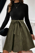 Black Ribbed Knit Slim Bodice Contrast Flared Skirt Patchwork Belted Dress Black 95%Polyester+5%Elastane e5cb321a578067f5