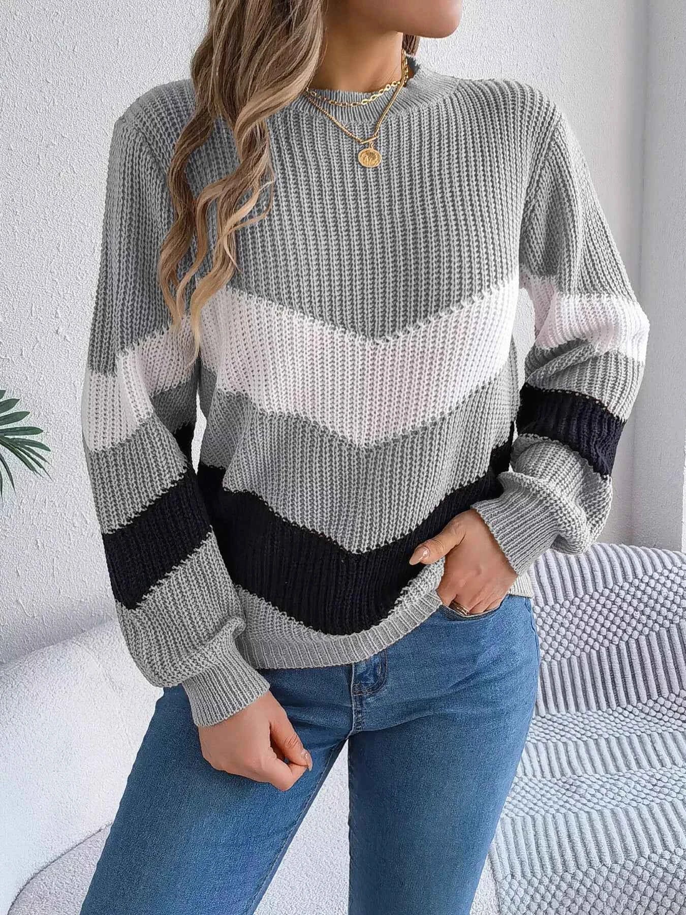 Chevron Stripe Color Block Round Neck Sweater e5cbfbb72ad14e788b2060379b07ff07-Max-Origin