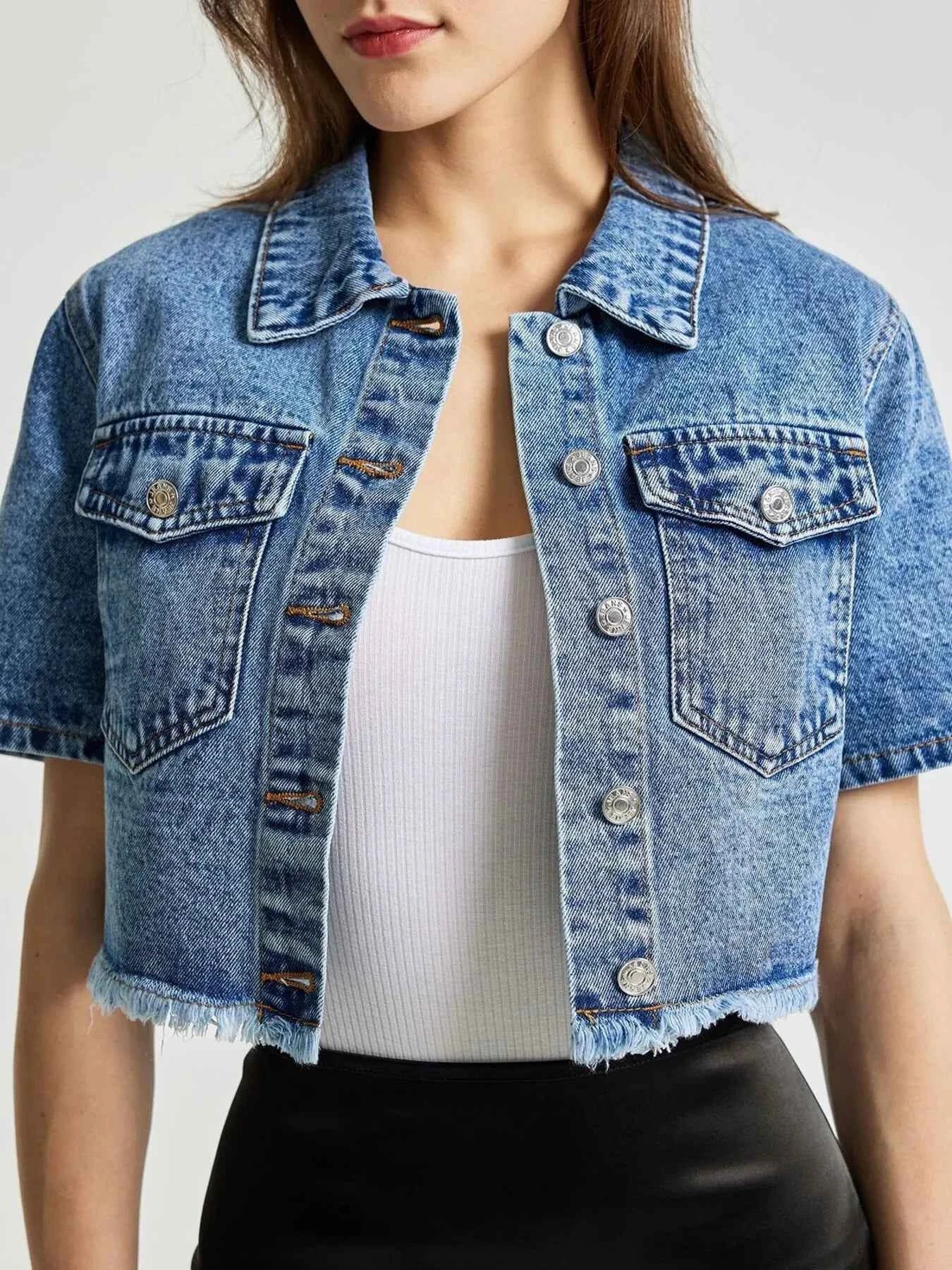 Cropped Short Sleeve Denim Jacket with Frayed Hem e5d2bafa5c964672992bda02336e0fae-Max-Origin