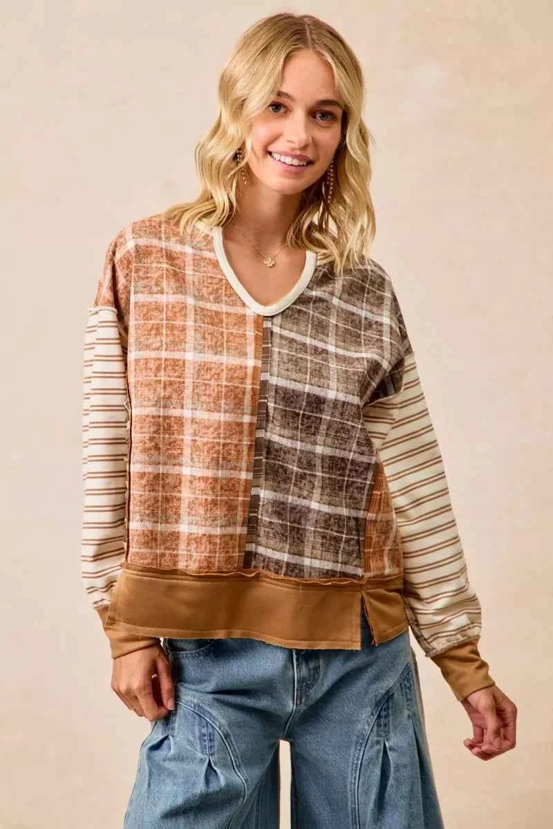 BiBi Plaid And Stripe Mix And Match Top With Open Seam e5d3224517374c32bbb6f3c115de5d5c-Max-Origin