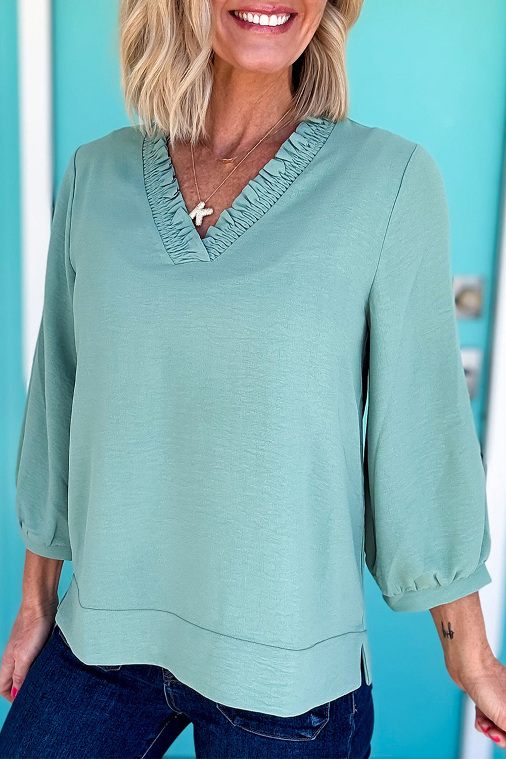 Bright Pink Frill V Neckline Puff Sleeve Crinkled Blouse Moonlight Jade 100%Polyester e5d666668074c6da