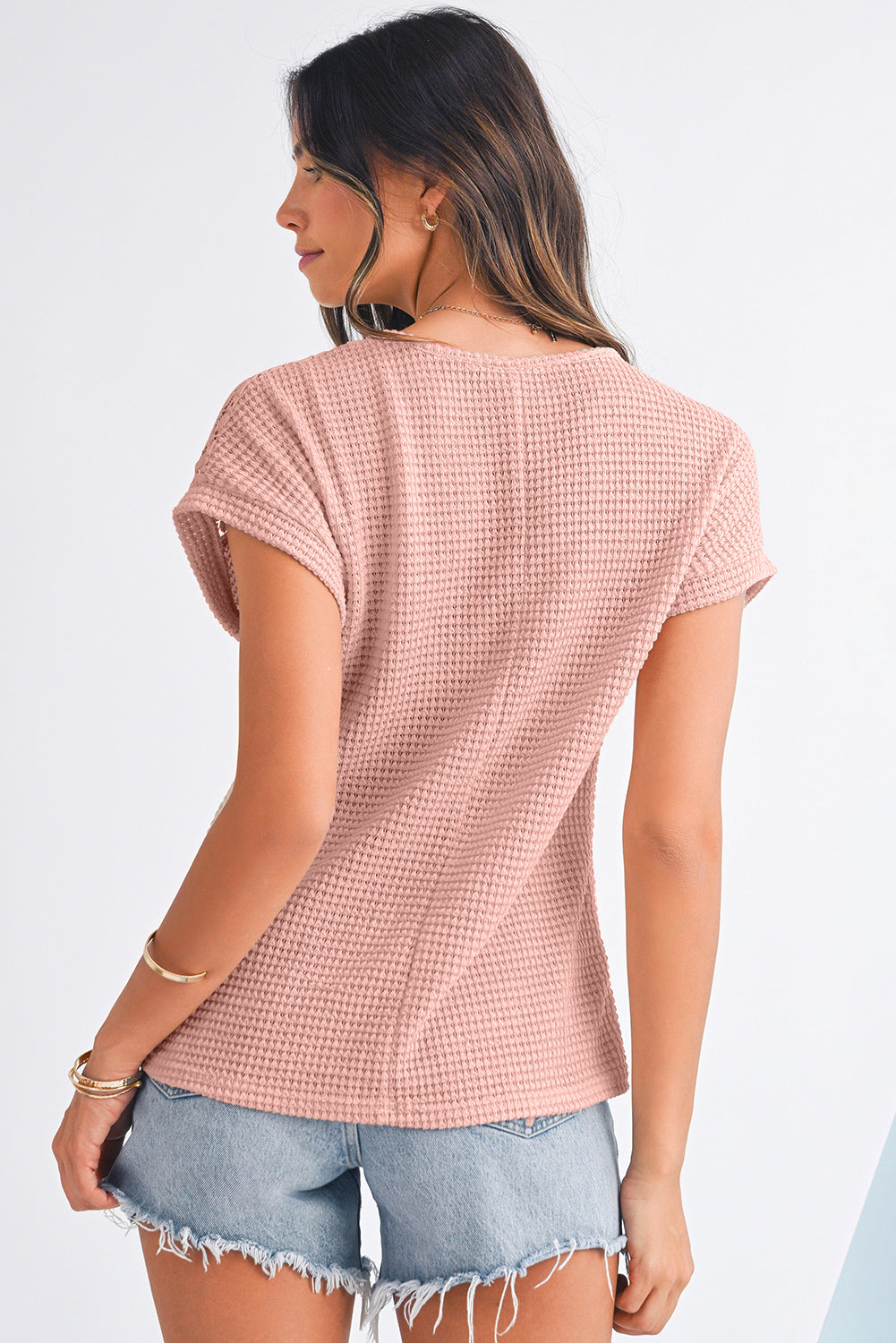 Mist Green Hollow Patchwork Waffle Knit Top e5d8186408b13774