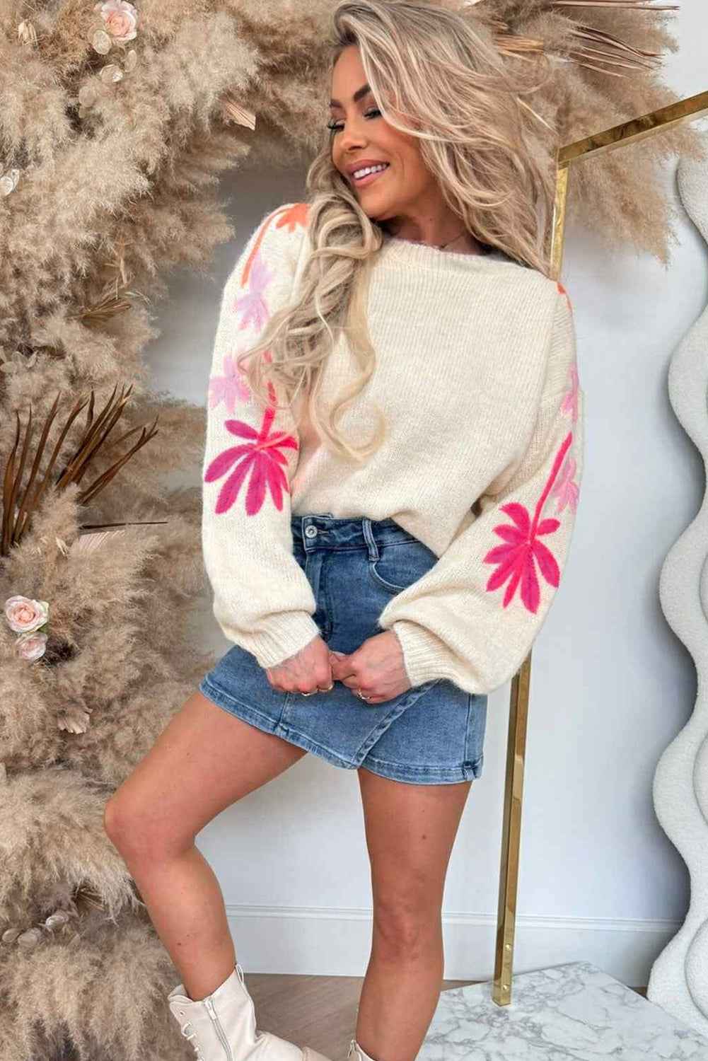 Beige Embroidered Floral Sleeve Round Neck Loose Sweater e5d9bdd7dddeb336