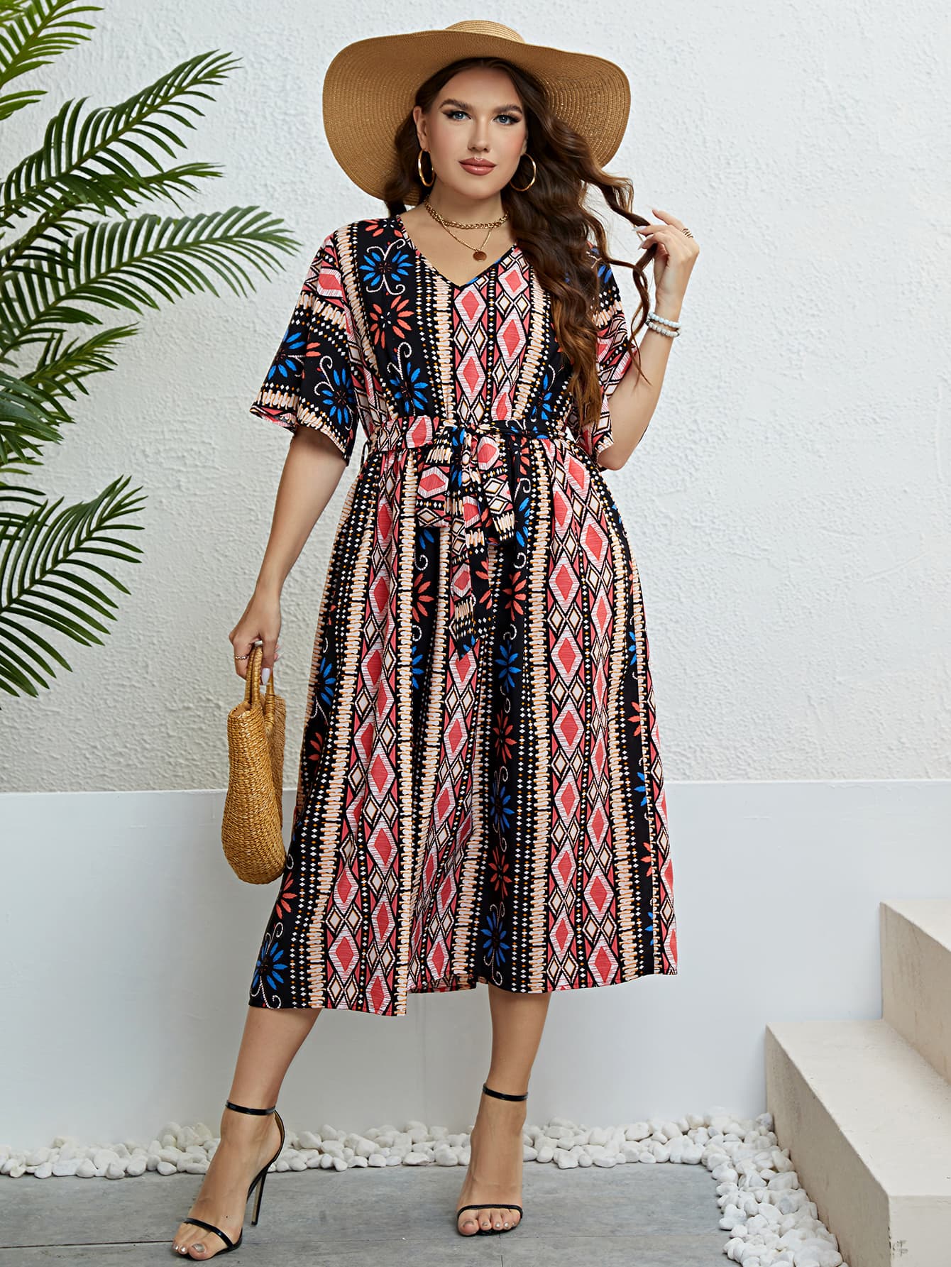 Honey Plus Size Bohemian V-Neck Tie Belt Midi Dress e5db1b1275ce4c2dbbbd9565cb01f417-Max