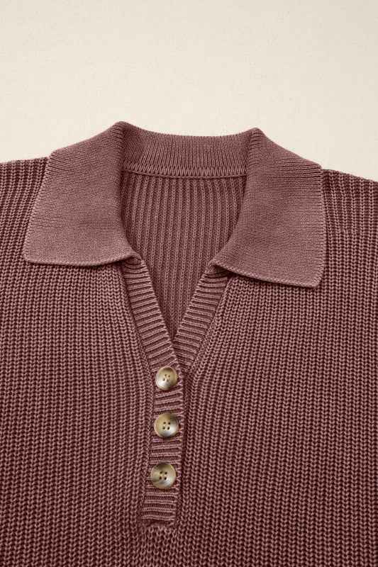 Mineral Wash Buttoned Polo Collar Knit Sweater e5de3dcb-86b7-4f73-a7cc-ceccfa1b66ca