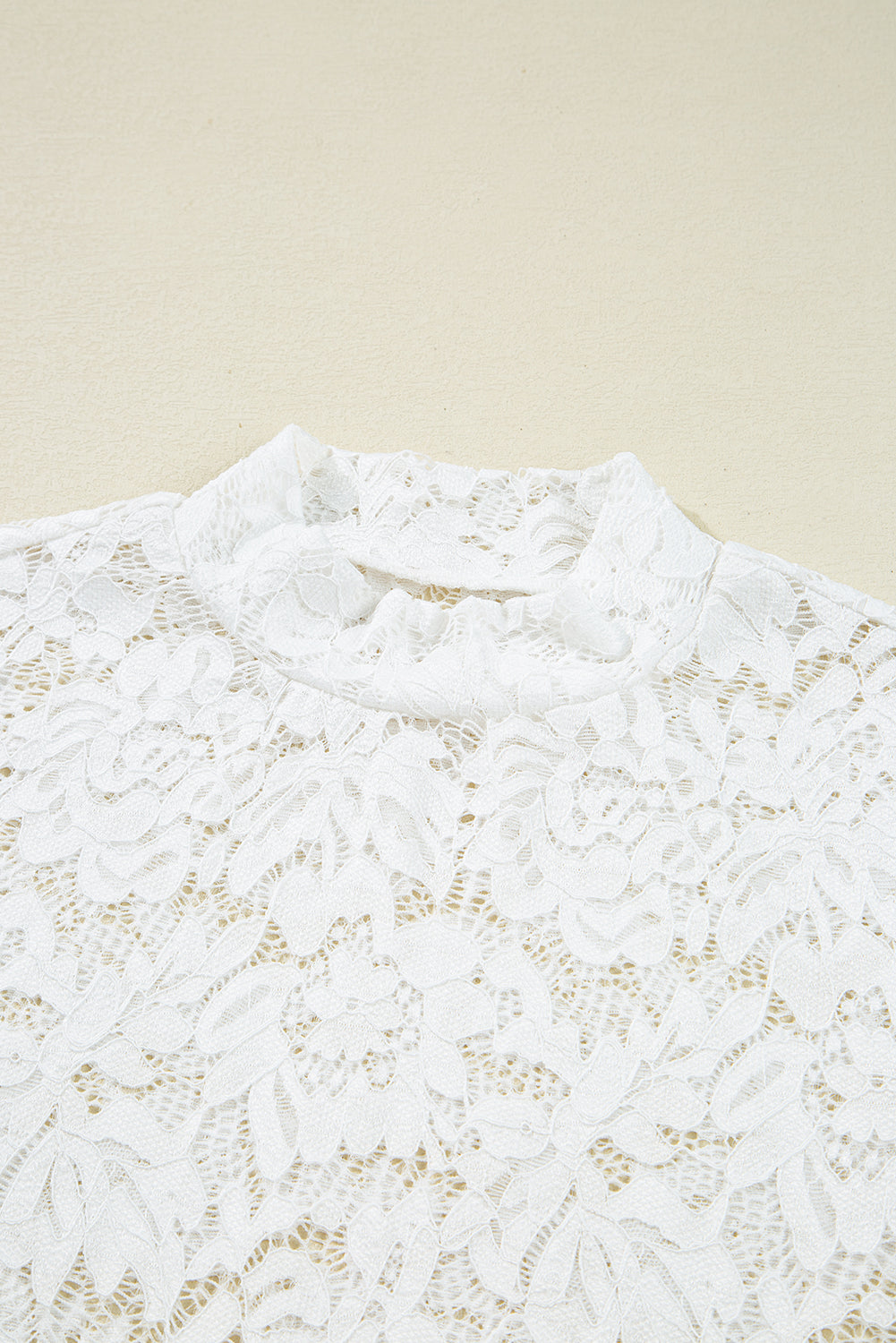 White Lace Crochet Bell Sleeve Mock Neck Blouse e5dea708c379edf8