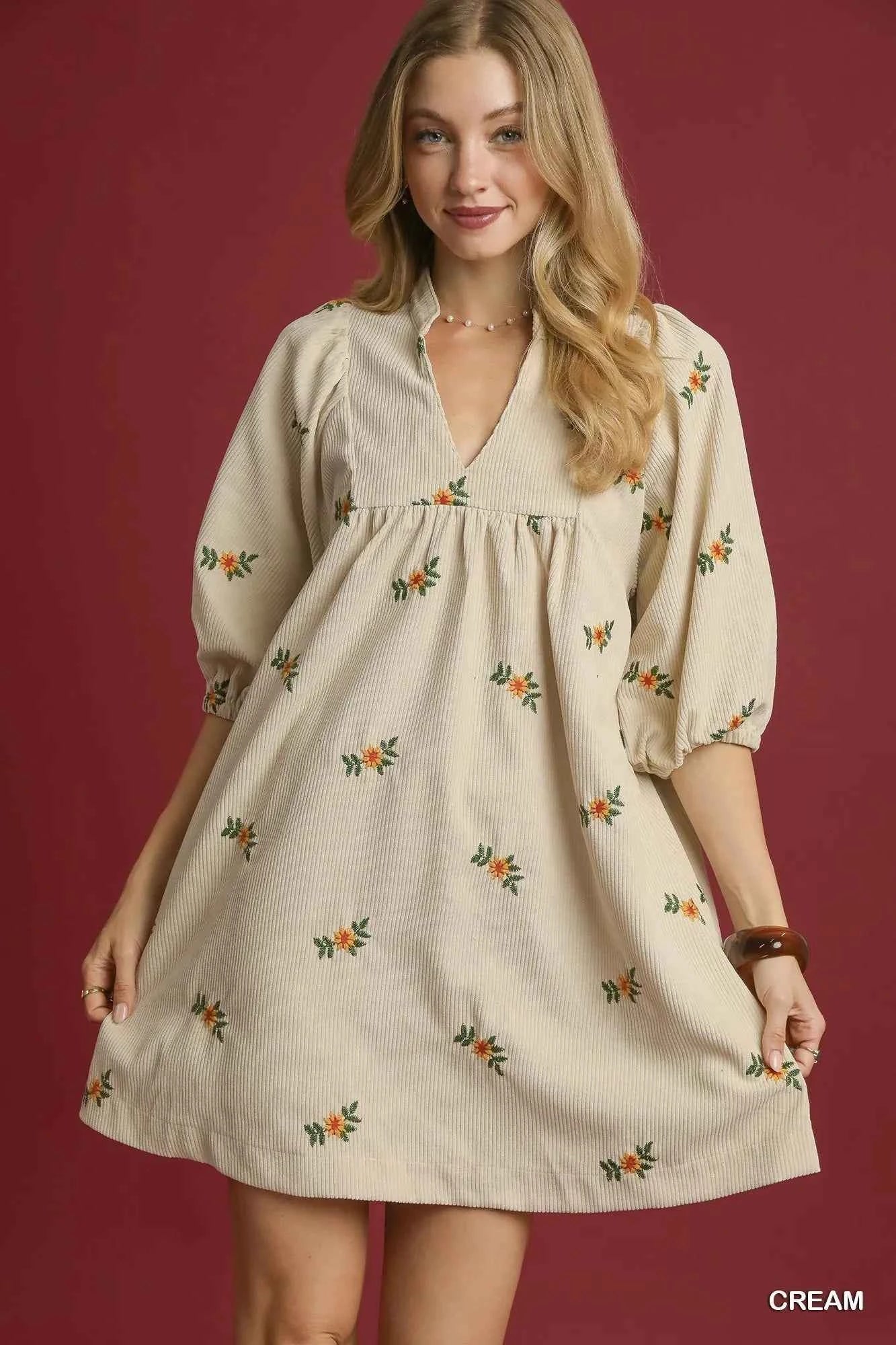 Umgee Corduroy Babydoll Dress with Floral Embroidery Cream e5e07cea-7a32-4914-8225-201b9ba47749-Max-Origin