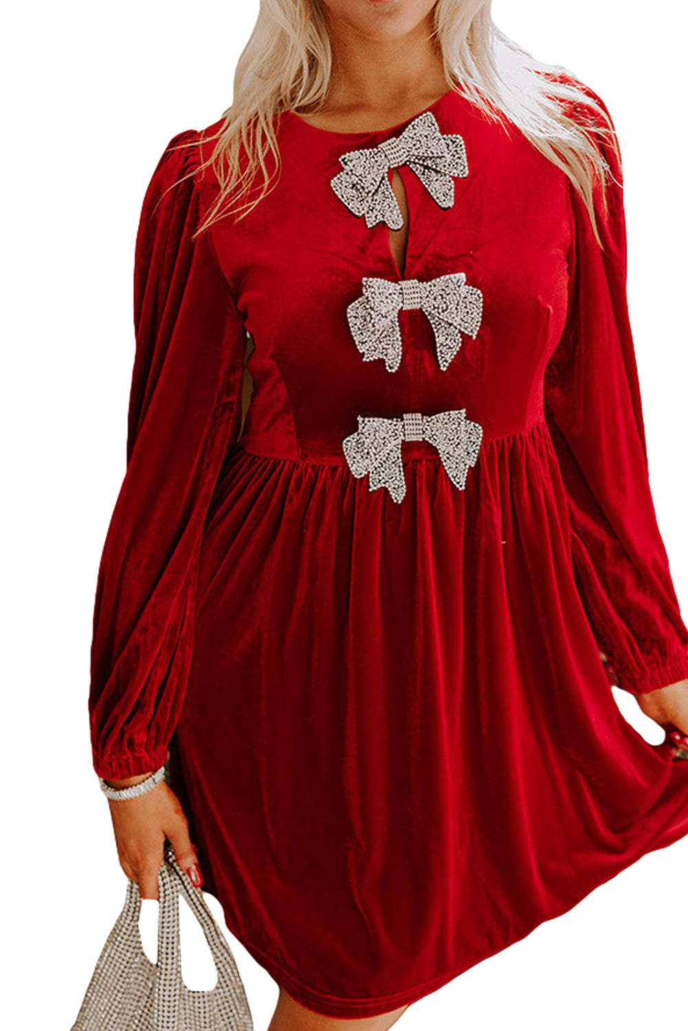 Fiery Red Bowknot Decor High Waist Velvet Mini Dress e5e1edbff9d75b1c