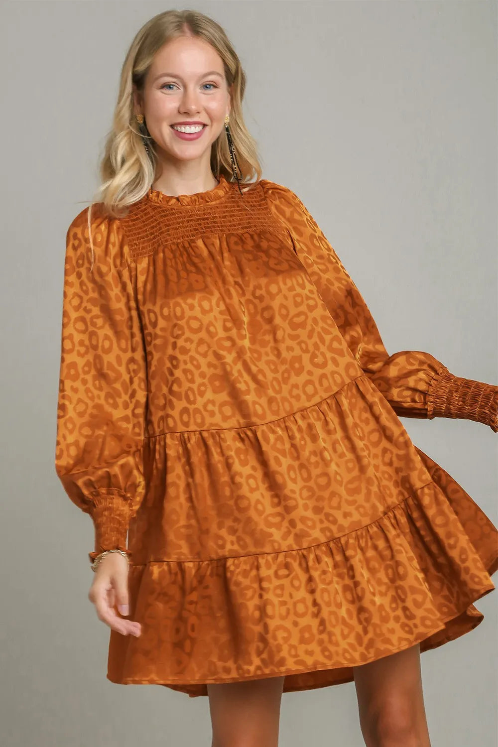 Umgee Smocked Leopard Long Sleeve Tiered Dress Copper e5e8da31-c03f-4ec2-ab35-598b8f97e405-Max