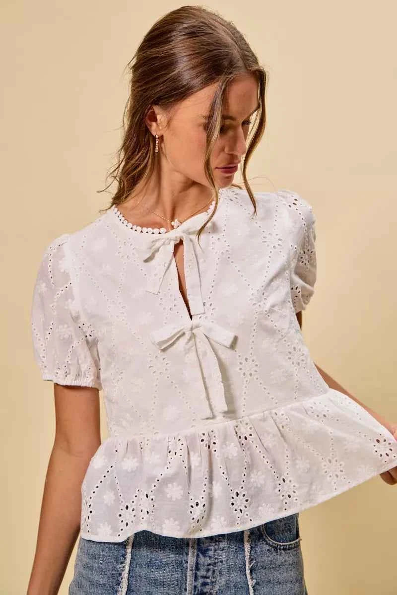 SO ME Cotton Eyelet Front Tie Short Sleeves Blouse e5ec892954bf4cda824d407e35e3e655-Max-Origin