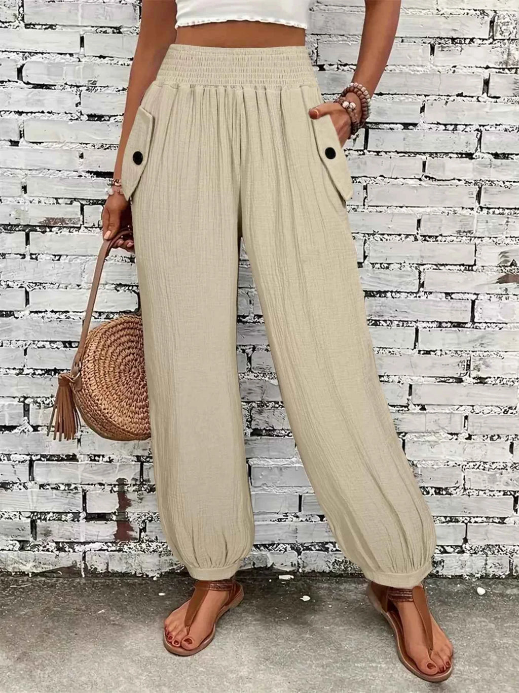 Smocked Textured Casual Pants e5ee4028-e2c6-4f3e-9a8b-2b9f9c6a15ed-Max-Origin