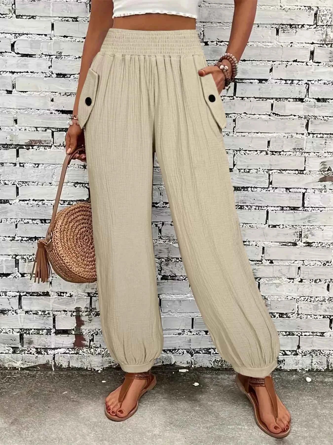 Smocked Textured Casual Pants e5ee4028-e2c6-4f3e-9a8b-2b9f9c6a15ed-Max-Origin