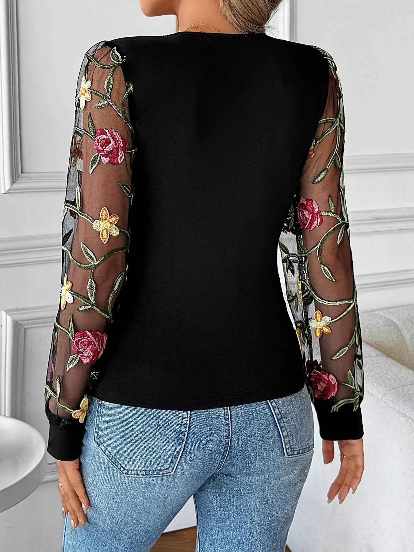 Floral Mesh Sleeve V-Neck Top e5f6c4bc92ec442a91808888f91d600e-Max-Origin