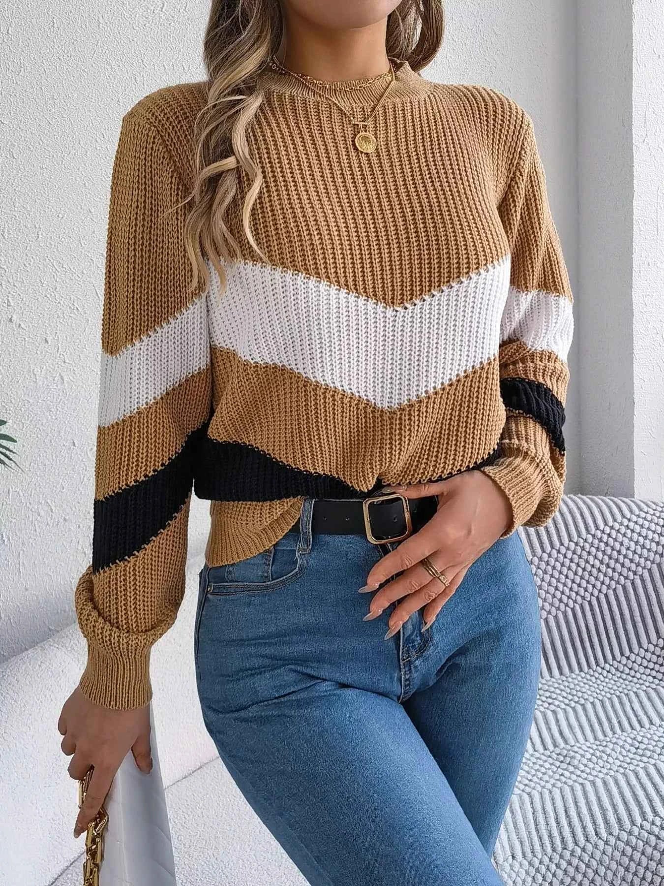 Chevron Stripe Color Block Round Neck Sweater e5fc9fa9-b303-48d3-81fe-d752a64ddb53-Max-Origin