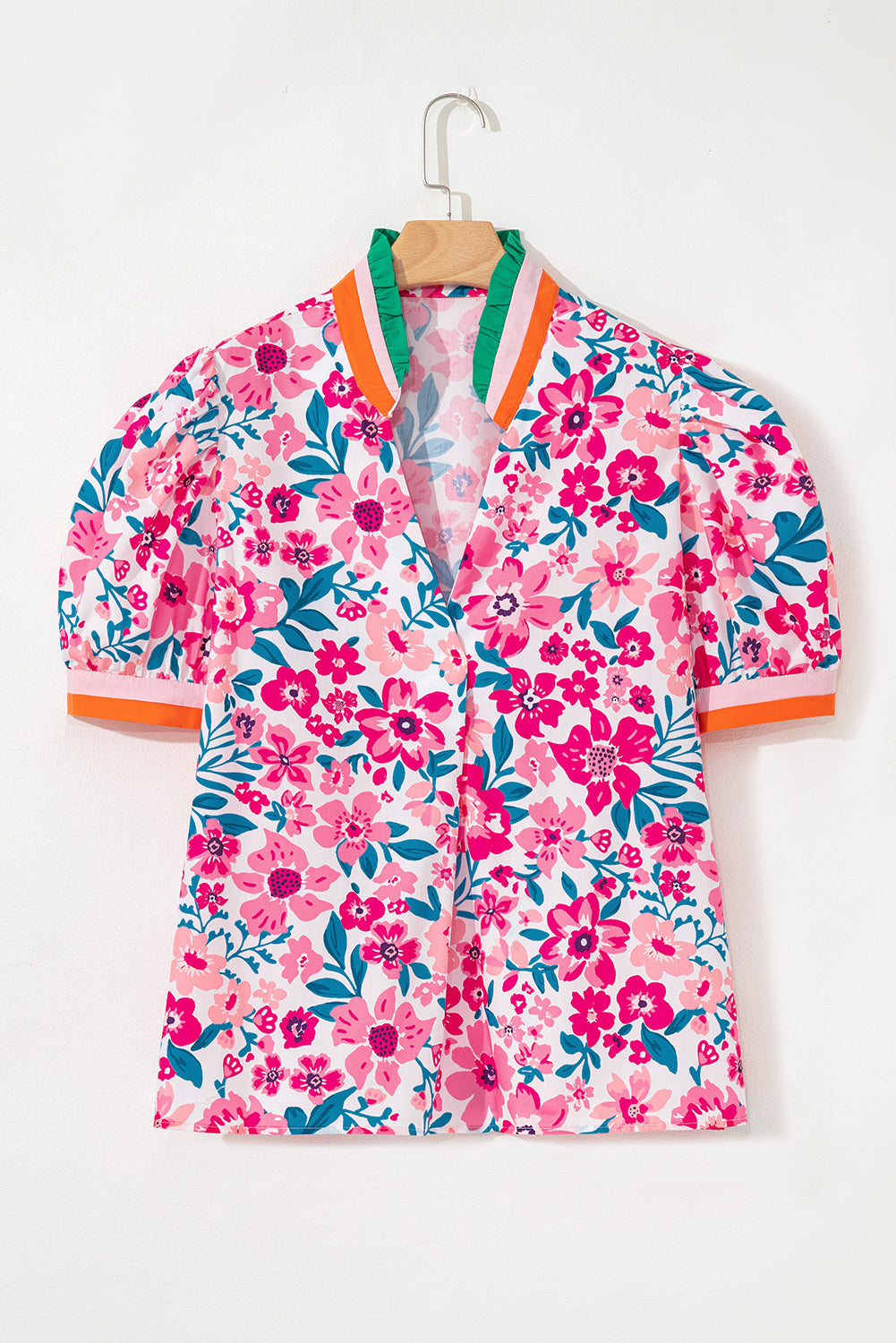 Pink Floral Print Striped Trim Puff Sleeve Blouse e5fca35b0f527f76