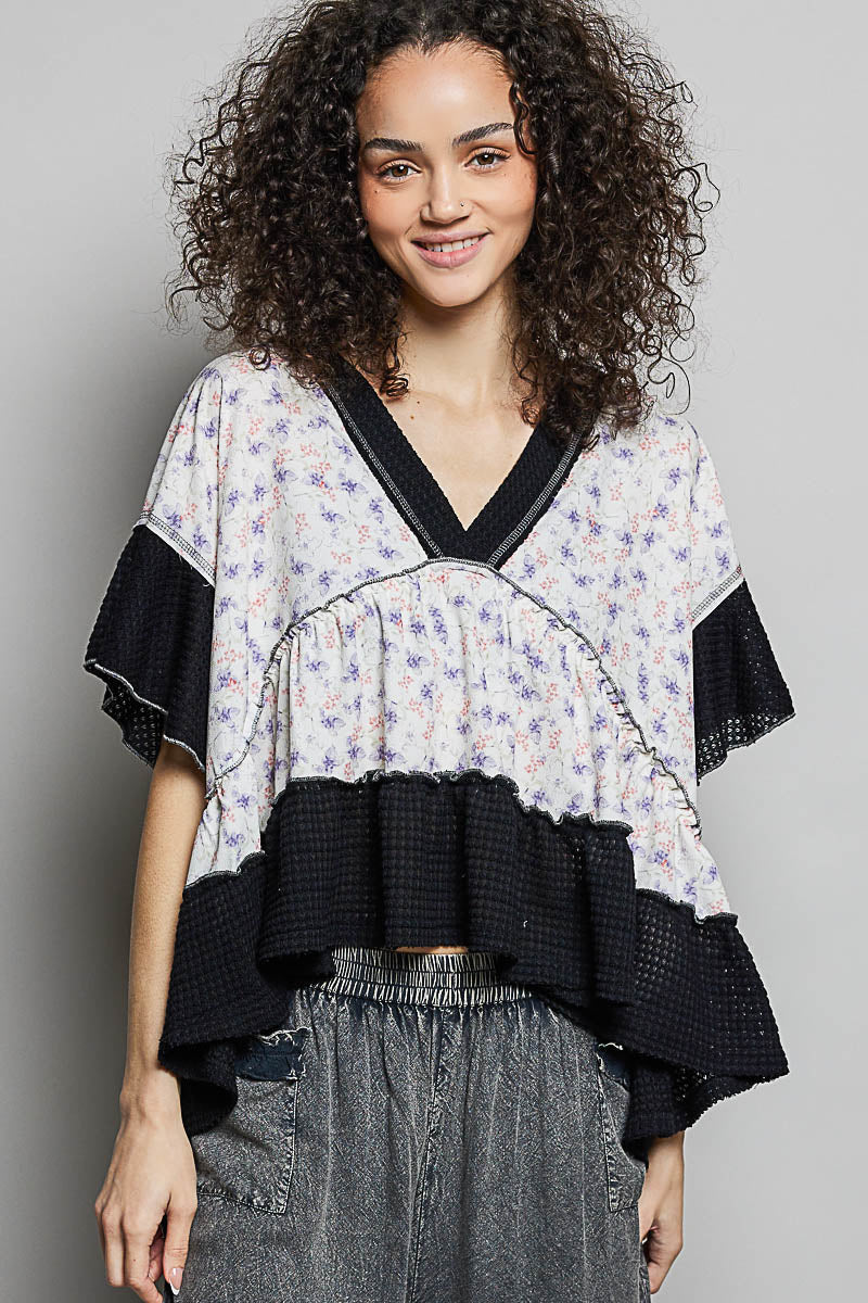 POL Floral Print V-Neck Woven Blouse with Gentle Gathers BLACK e5fd46b2-2781-4ae2-9c22-6d99a7fe55c1-Max