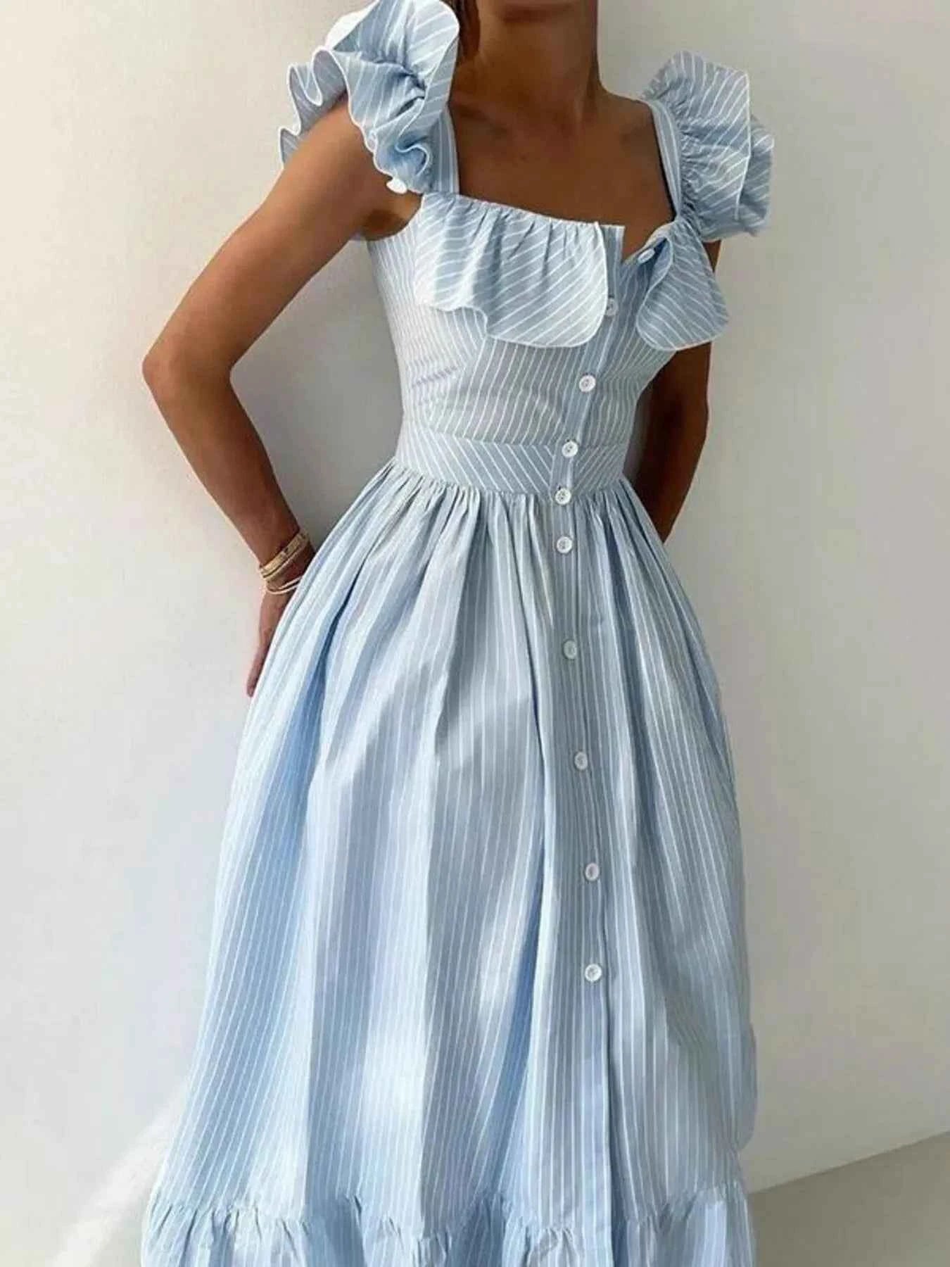 Ruffled Striped Square Neck Dress Light Blue e601ef1f8062410aa059ecd21b2f25fb-Max-Origin