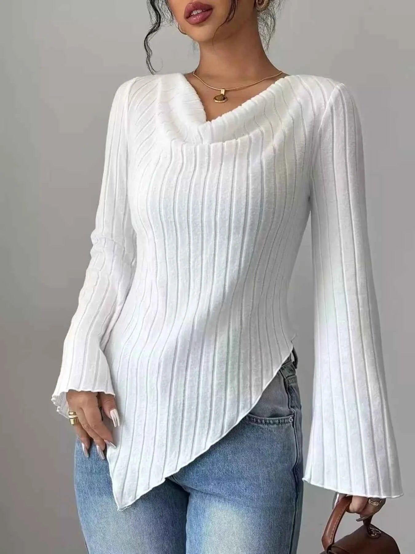 Cowl Neck Ribbed Knit T-Shirt Gray white e605b030b42f47fc80ced6e05d0f126c-Max-Origin