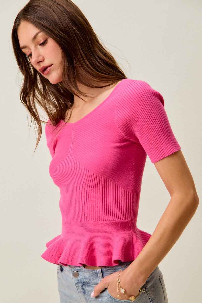 SO ME Ribbed Knit Short Sleeves Peplum Sweater Top e6063c3d92a74d159e7604ae4b29f101-Max