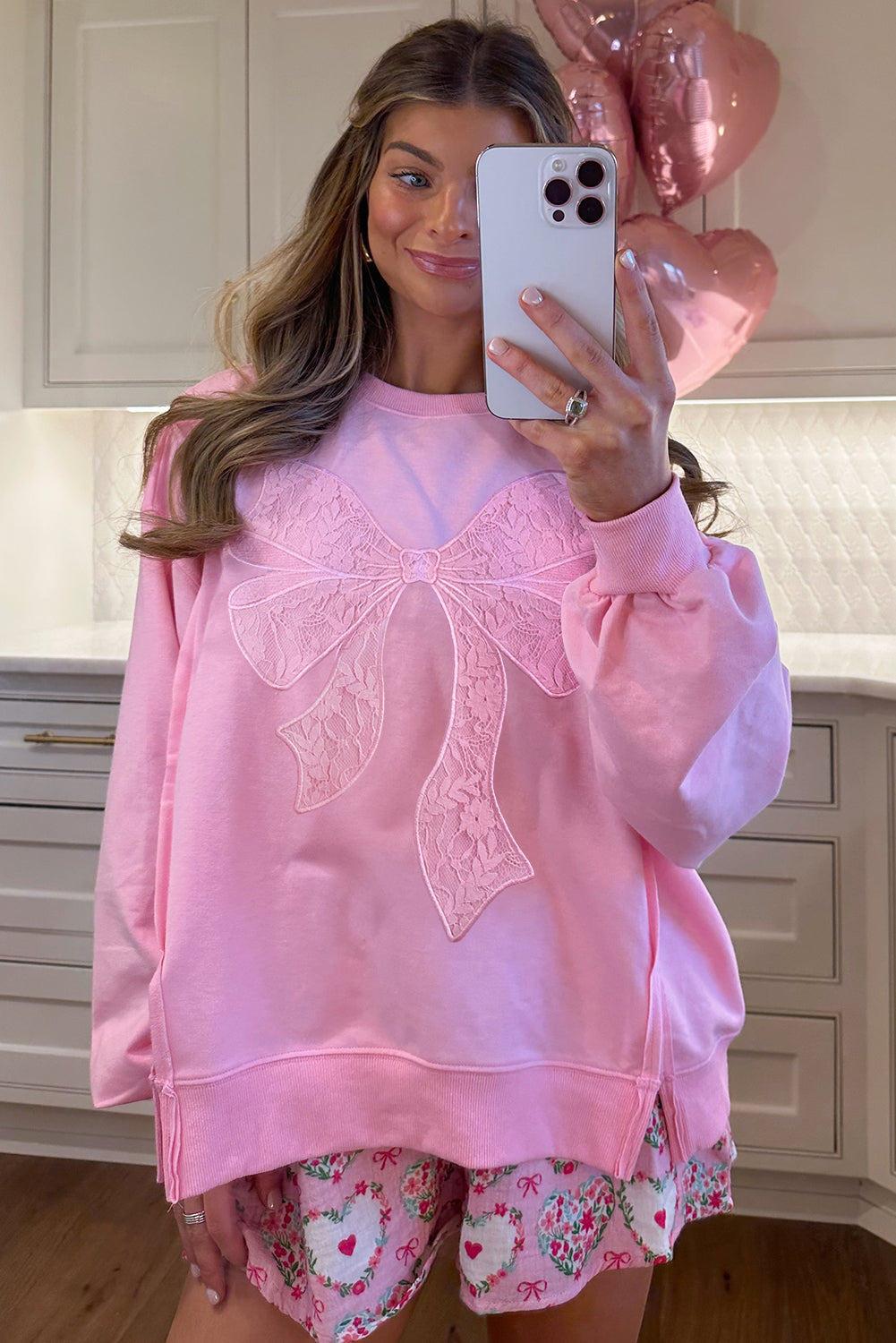 Bonbon Lace Bow Embroidered Exposed Seam Sweatshirt e60678a35b8d5bb6