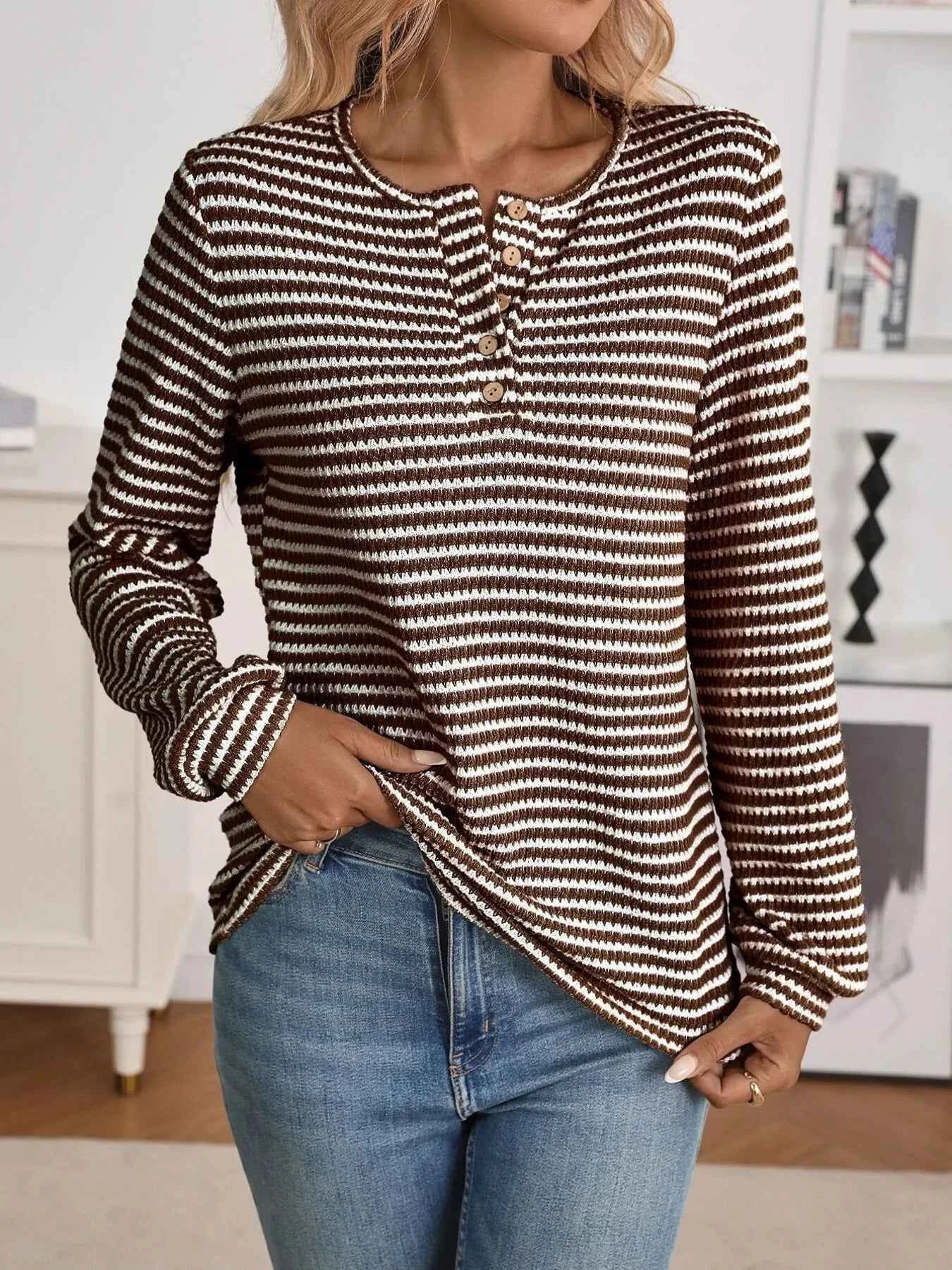 Striped Button Detail Long Sleeve Top Brown e6091aaabaf6438c865a6b1161455bc3-Max-Origin