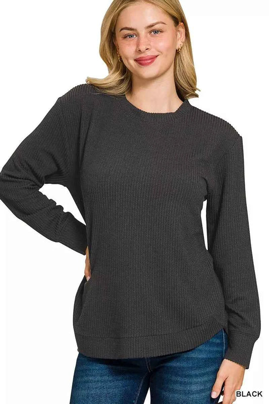 Zenana Full Size Raised Rib Round Neck Long Sleeve Top Plus Size BLACK e60d0dd306754cefa1ecebf88da81b00-Max-Origin