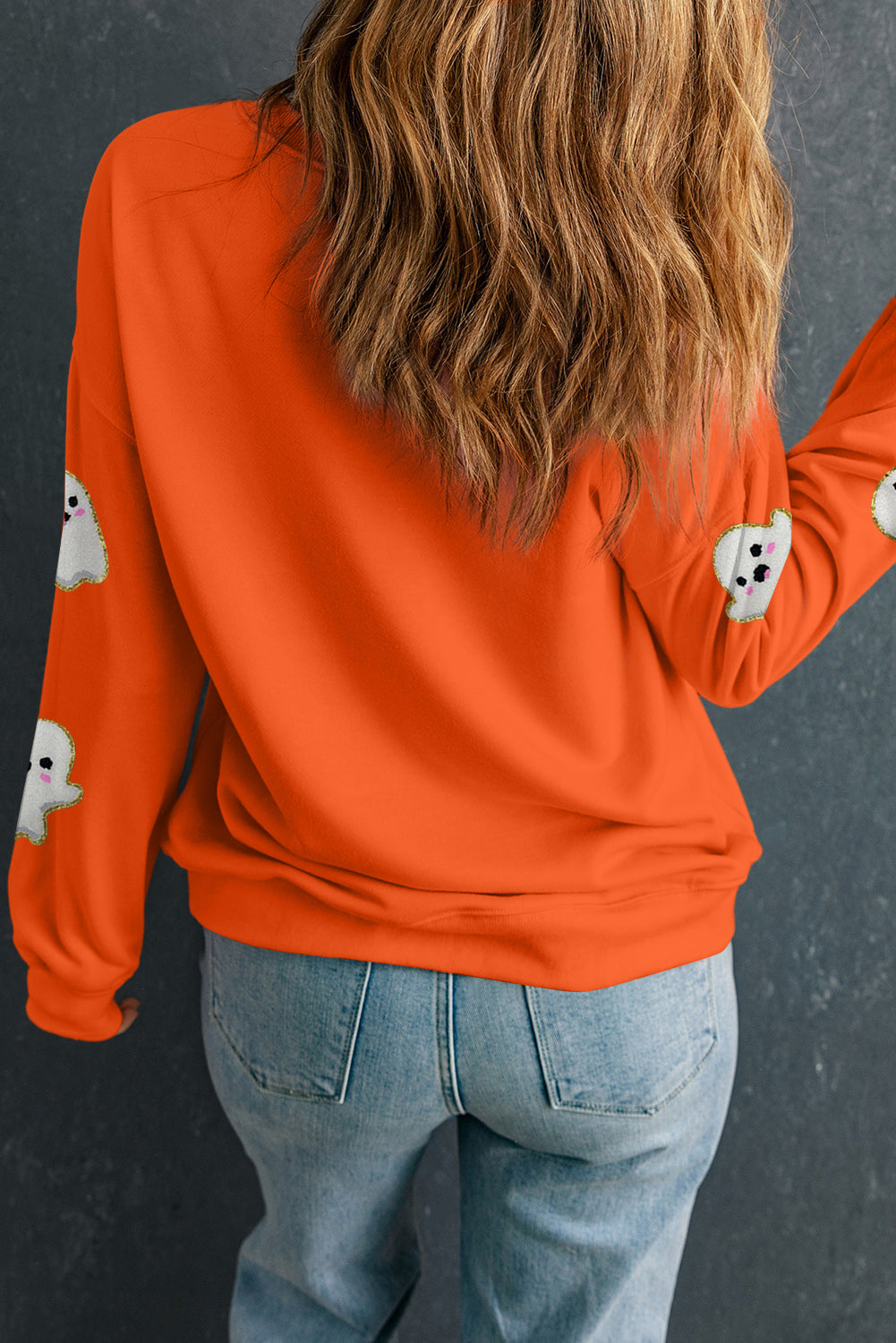 Orange Halloween Ghost Cute Patch Application Pattern Holiday Sweatshirt e60d91f582b16c5f