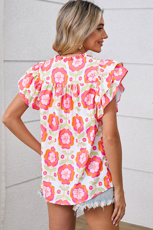 Rose Boho Floral Print Ricrac Ruffle Sleeve Blouse e610b4ba786f2de1