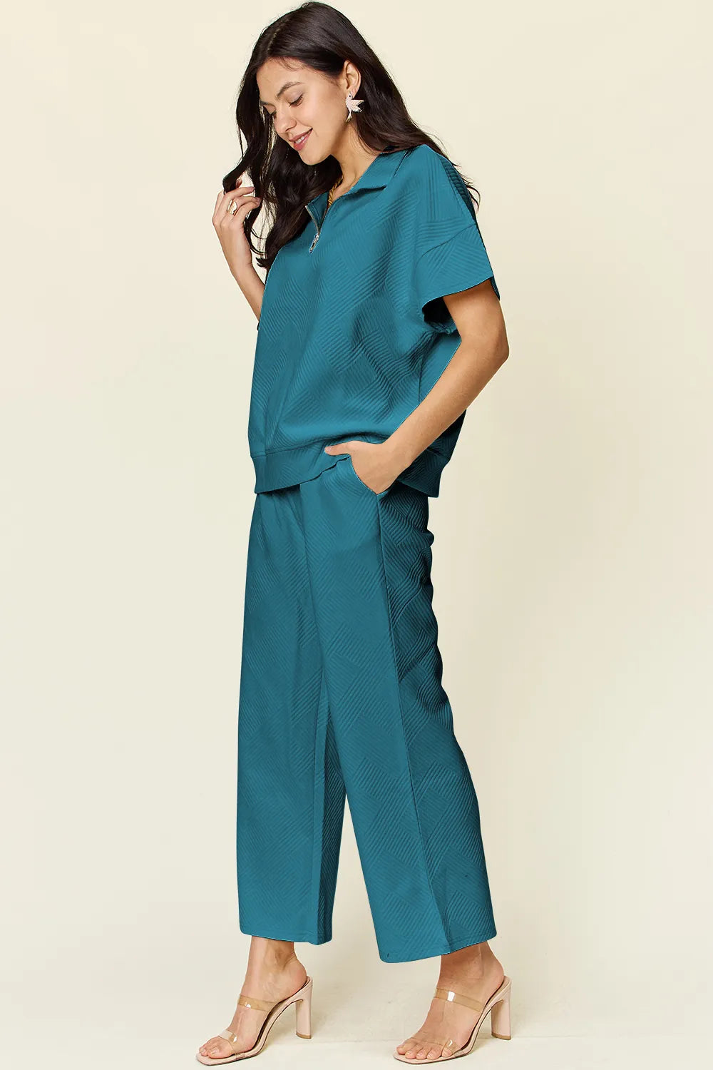 Double Take Full Size Texture Half Zip Short Sleeve Top and Pants Set e61655b1-111b-4596-b7a4-936cde6ff94a-Max