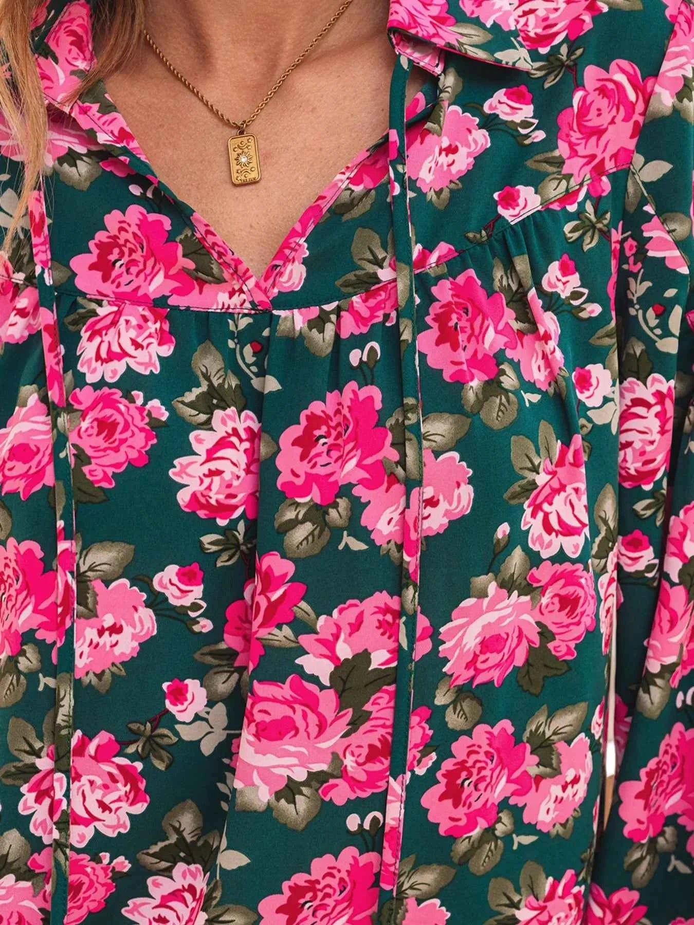 Floral Printed Tied Collar Puff Sleeve Blouse e618c7aa-748f-495a-aee1-265be5307b37-Max-Origin