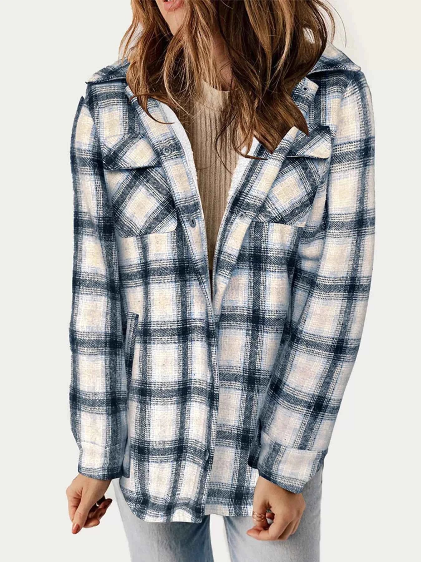 Oversized Plaid Long Sleeve Fleece Jacket Blue e618d2862eb1462f972d20dbac0d08a1-Max-Origin