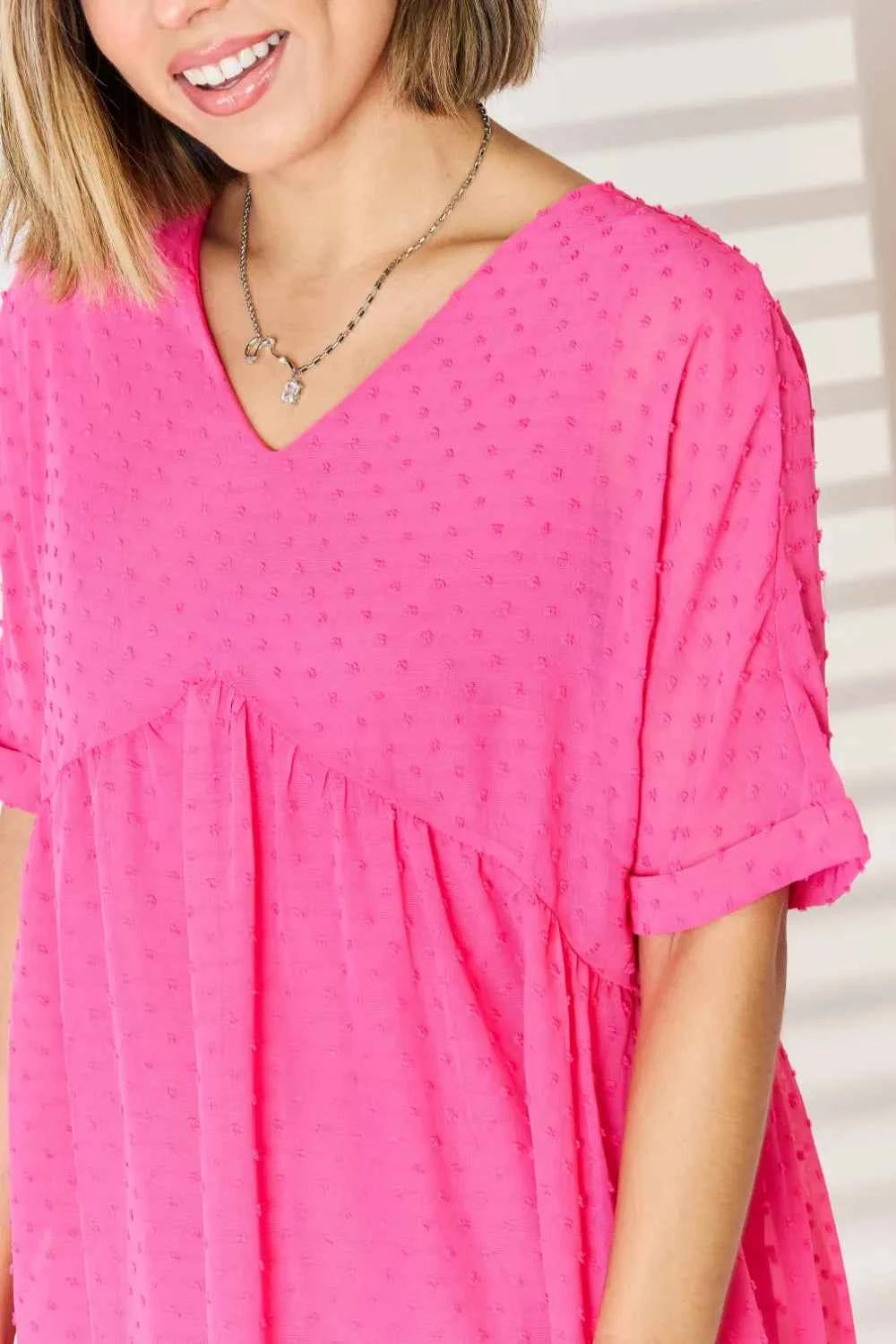 Zenana Swiss Dot Rolled Short Sleeve Babydoll Dress e61c297d-9a9e-468c-8372-691c9429da06-Max