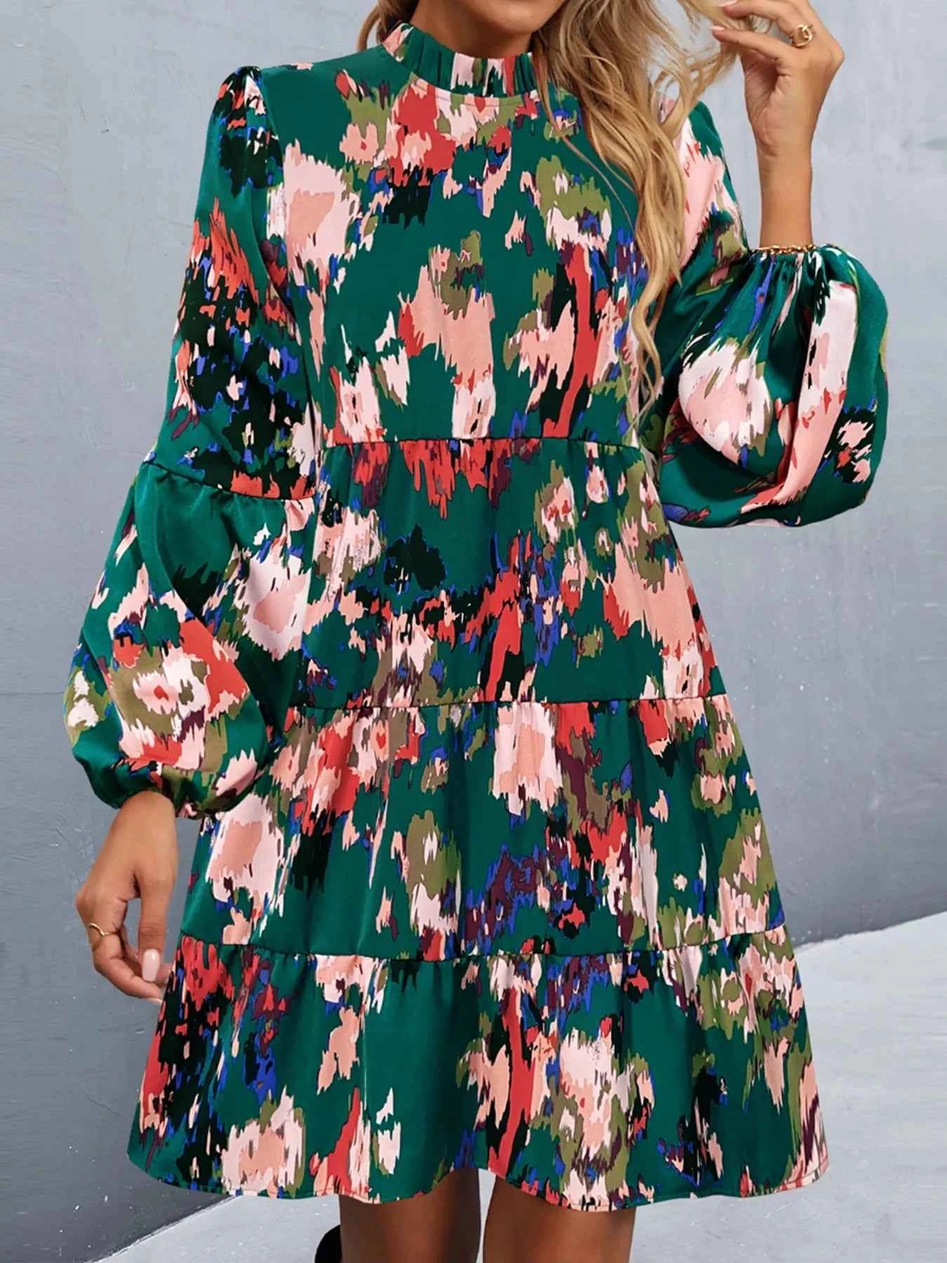 Printed Balloon Sleeve Mini Dress Dark Green e61e88cf-40ce-4433-9d73-1e1c20dc5edd-Max-Origin