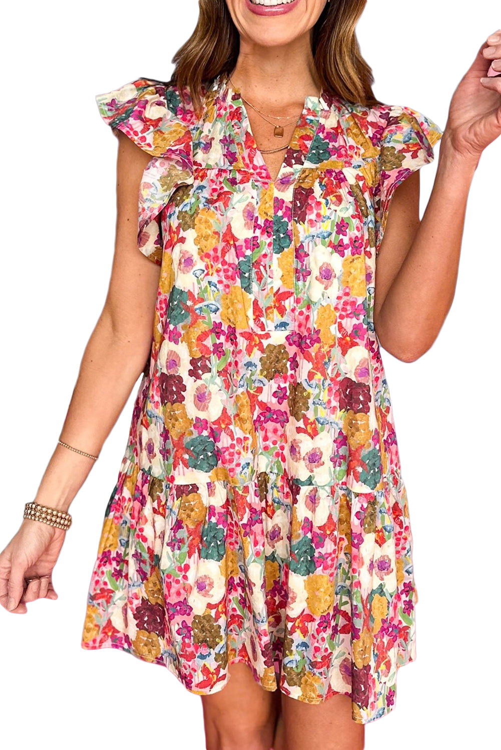 Purple Floral Print Split Neck Ruffle Mini Dress e61eb3b70f25f72e