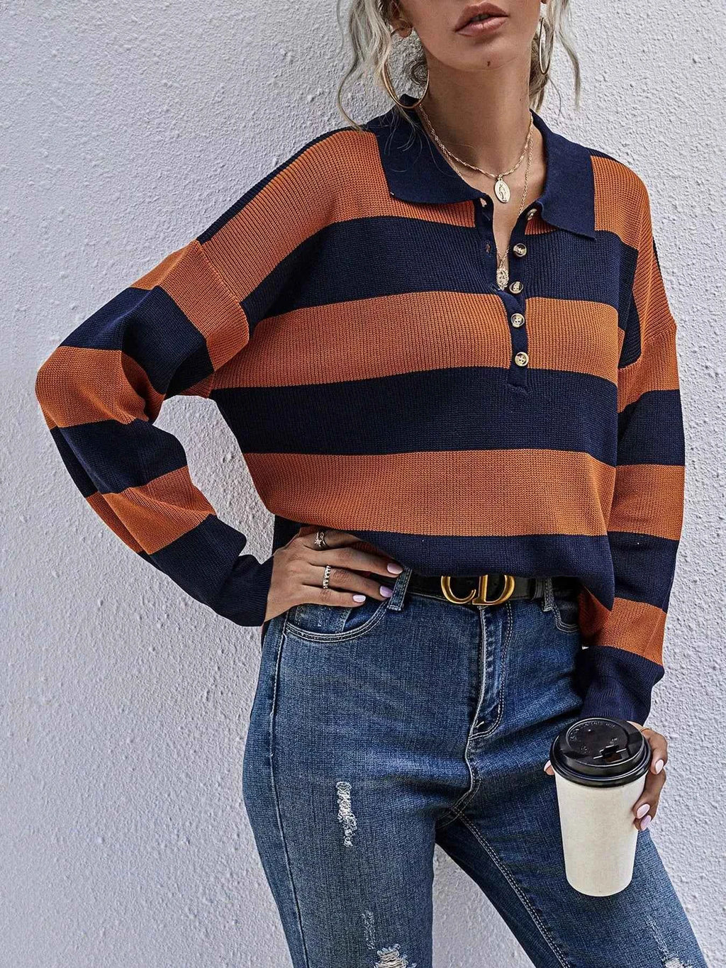 Striped Button Detail Dropped Shoulder Knit Top e6205c1aa9d4451d962fc902a8a35f2b-Max-Origin