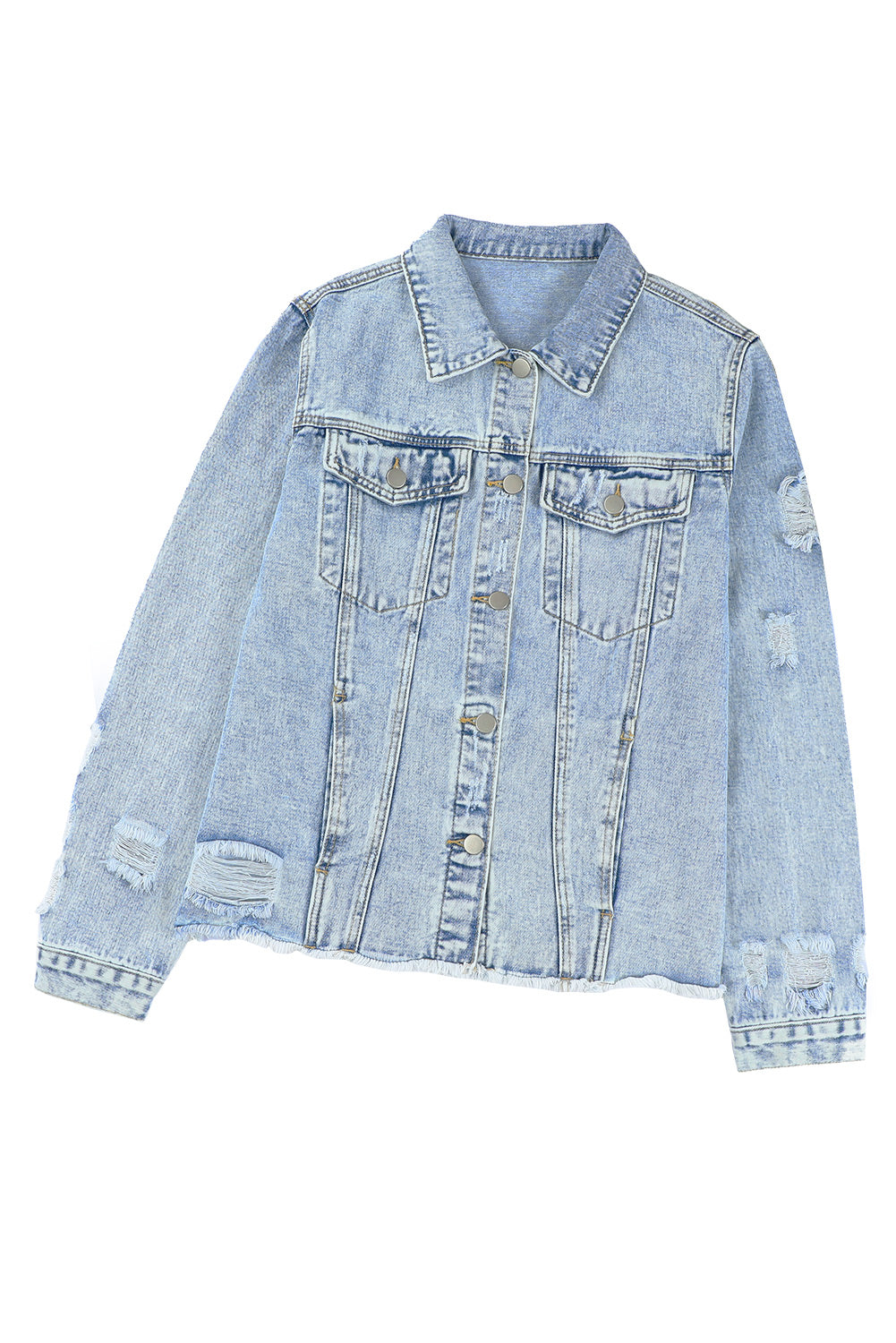 Light Blue Distressed Ripped Raw Hem Buttons Denim Jacket e620e293742eddb2
