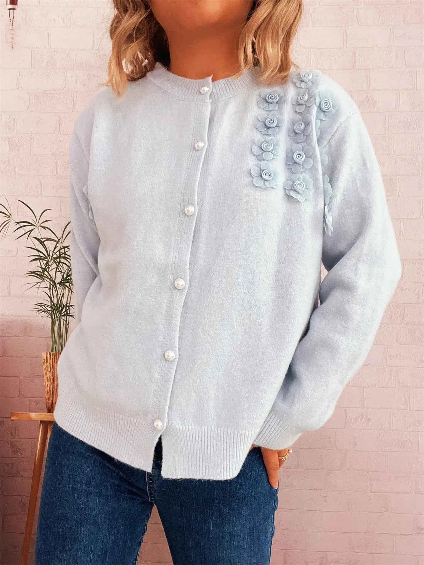 Flower Button Up Long Sleeve Cardigan Blue One Size e621ff6271c5436ba3875d11e7db542c-Max-Origin