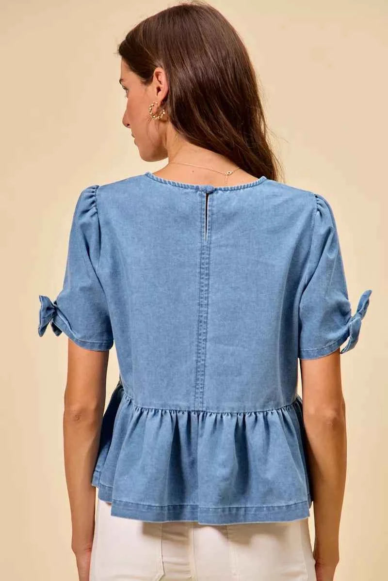 SO ME Denim Bow Detail Short Sleeves Peplum Top e62393ef2c194107952c74c0958070b6-Max-Origin