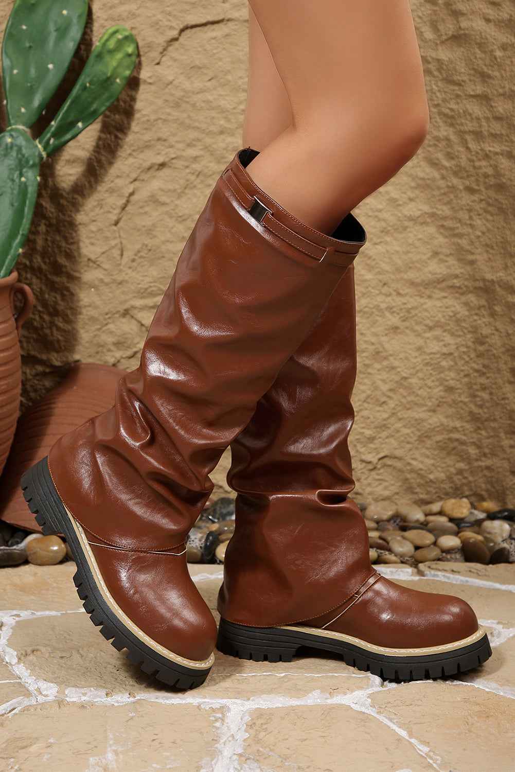 Coffee PU Leather Belted Detail Knee High Boots e62990c74f1c0e08