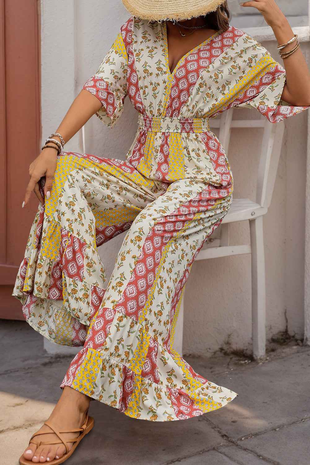 Yellow Boho V Neck Half Sleeve Patchwork Maxi Dress e62da5b037fac19b