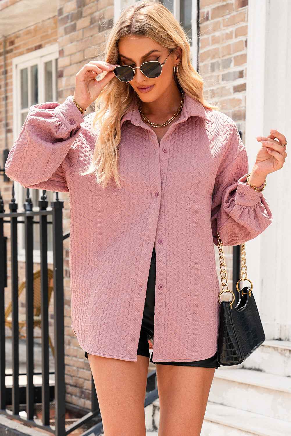 Sepia Rose Cable Texture Puff Sleeve Loose Shacket e62fd1168726b3b6