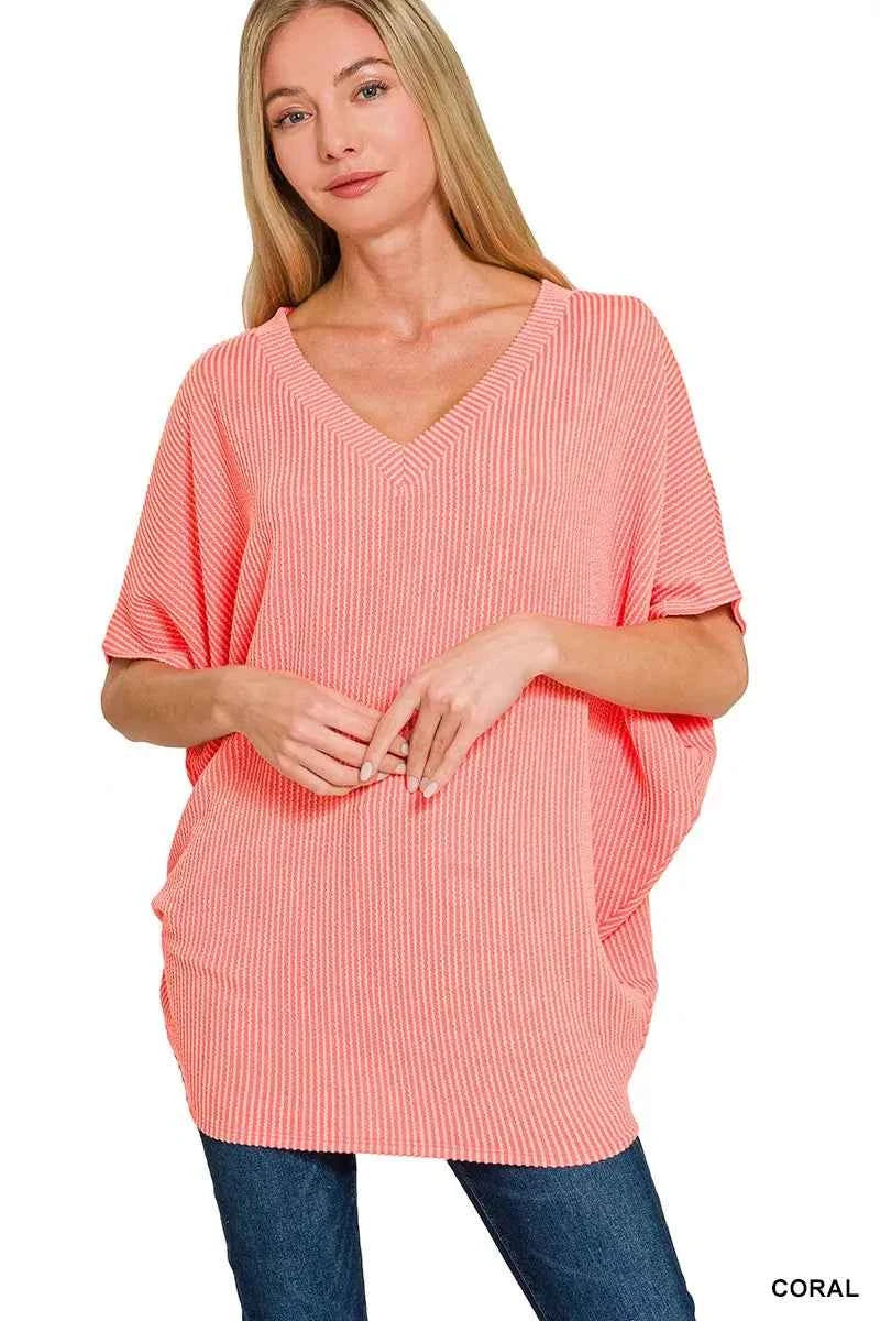Zenana Raised Rib V-Neck Batwing Top CORAL e630bf8302254a12a3efbe795d84a839-Max-Origin
