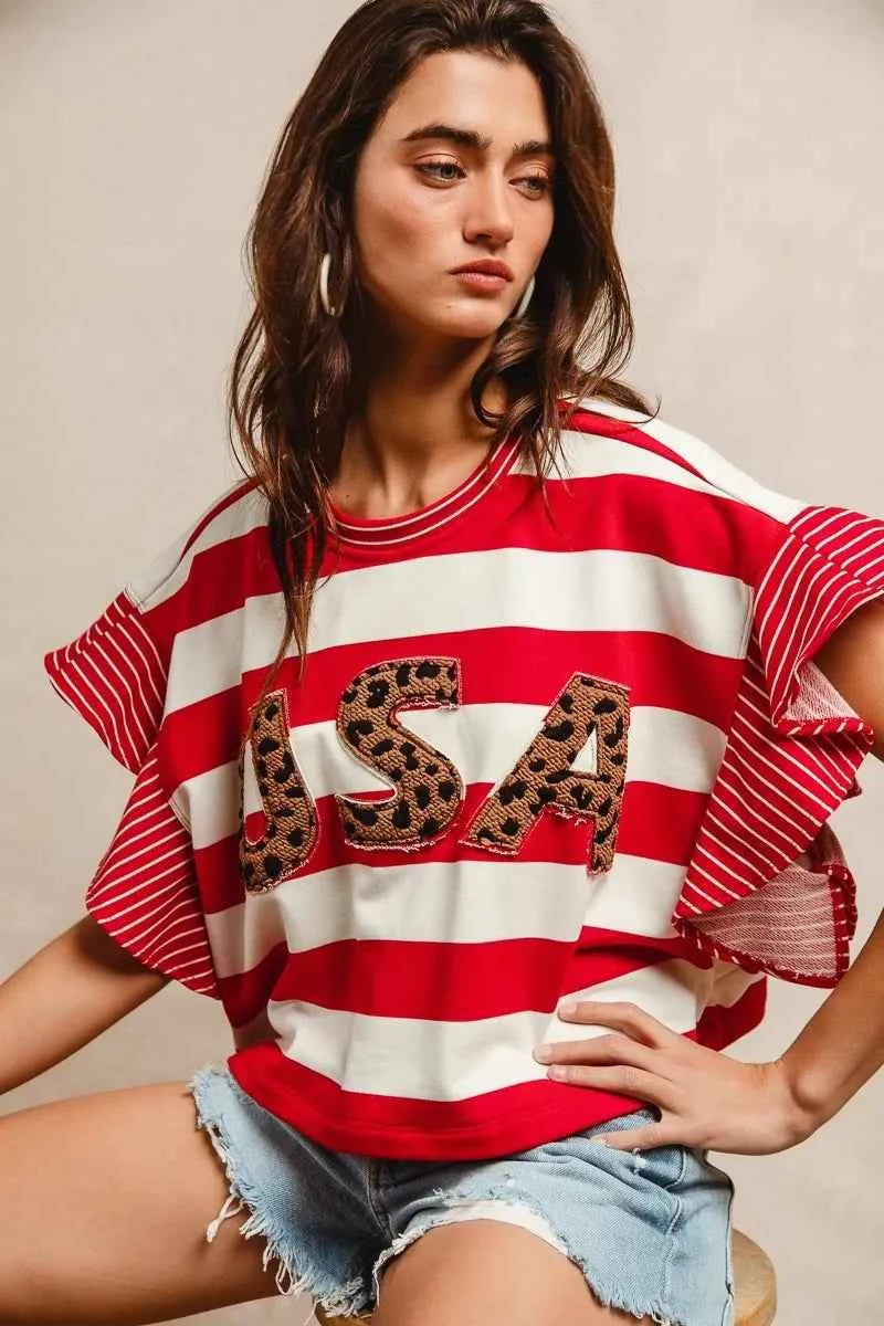 BiBi Stripe Mixed Ruffle Sleeve Top With Leopard Letter e6310d82342749efa29655c1479ac420-Max-Origin