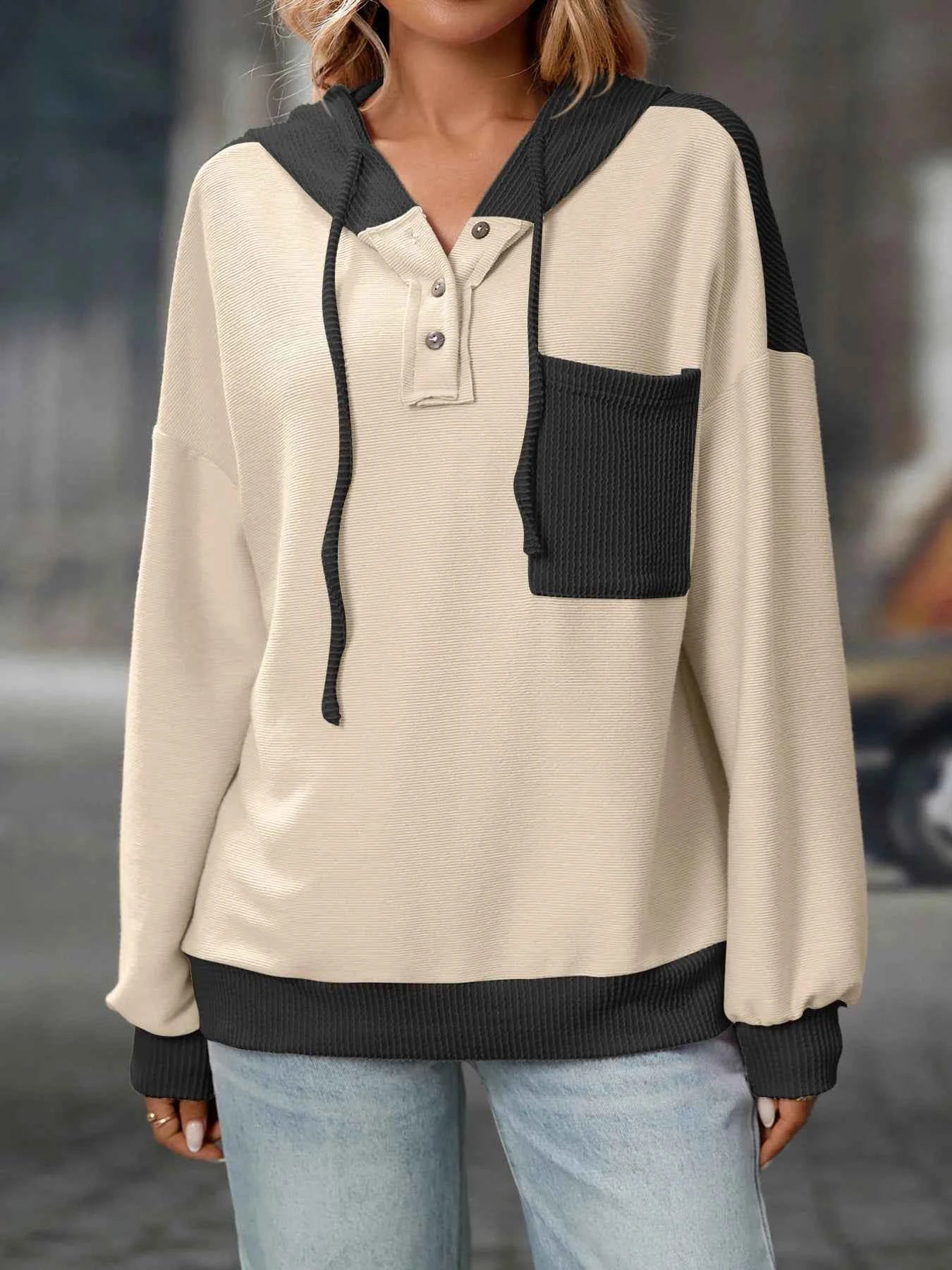 Drawstring Button Detail Long Sleeve Hoodie e6348c133dcd401580195c6ca2ef9ead-Max-Origin