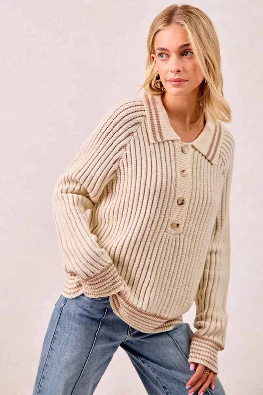 Half Button Ribbed Two Tone Sweater e6372594b68241808f0322333d17e202-Max-Origin
